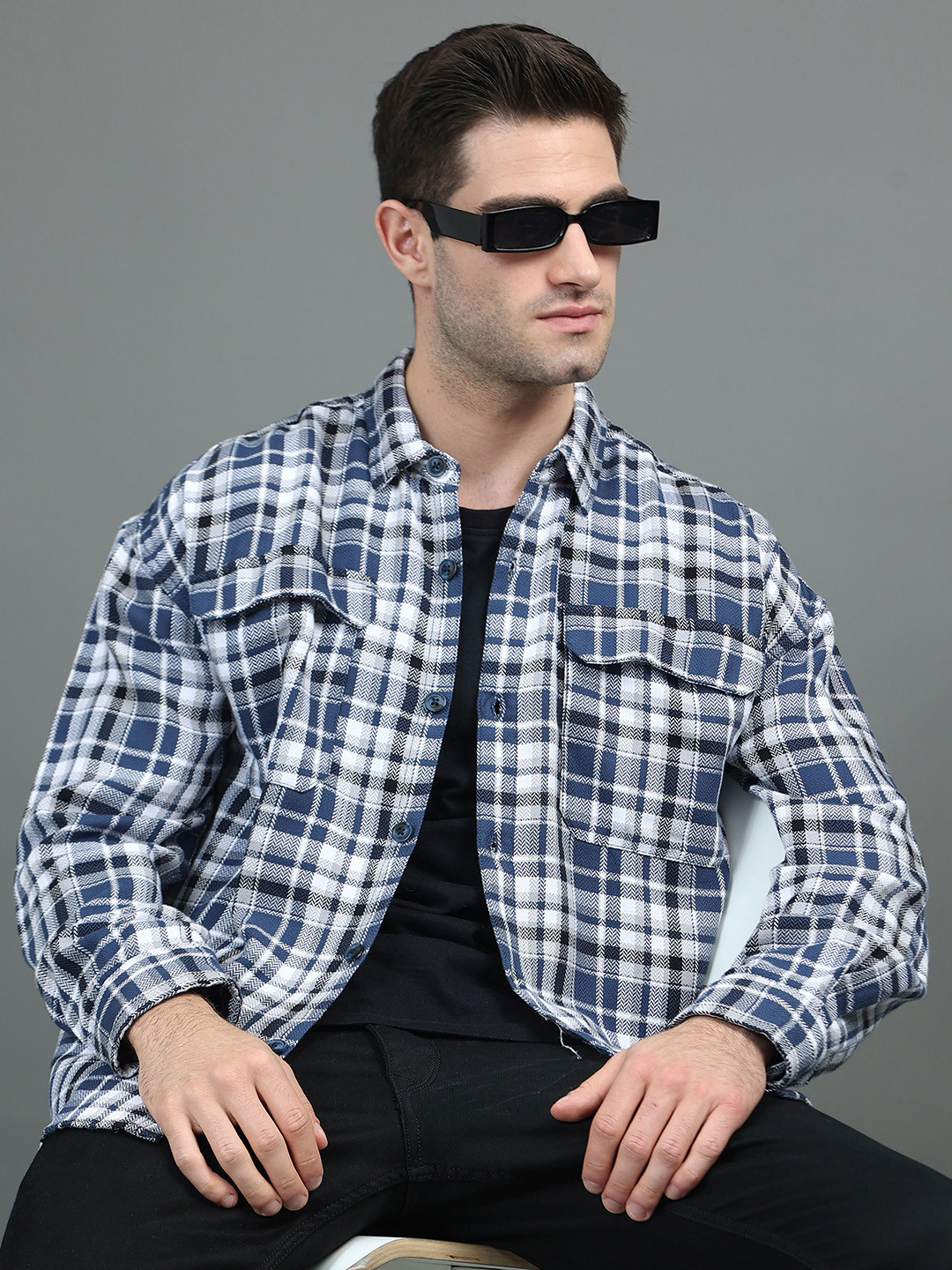 

HERE&NOW Tartan Checks Oversized Cotton Casual Shirt, Blue