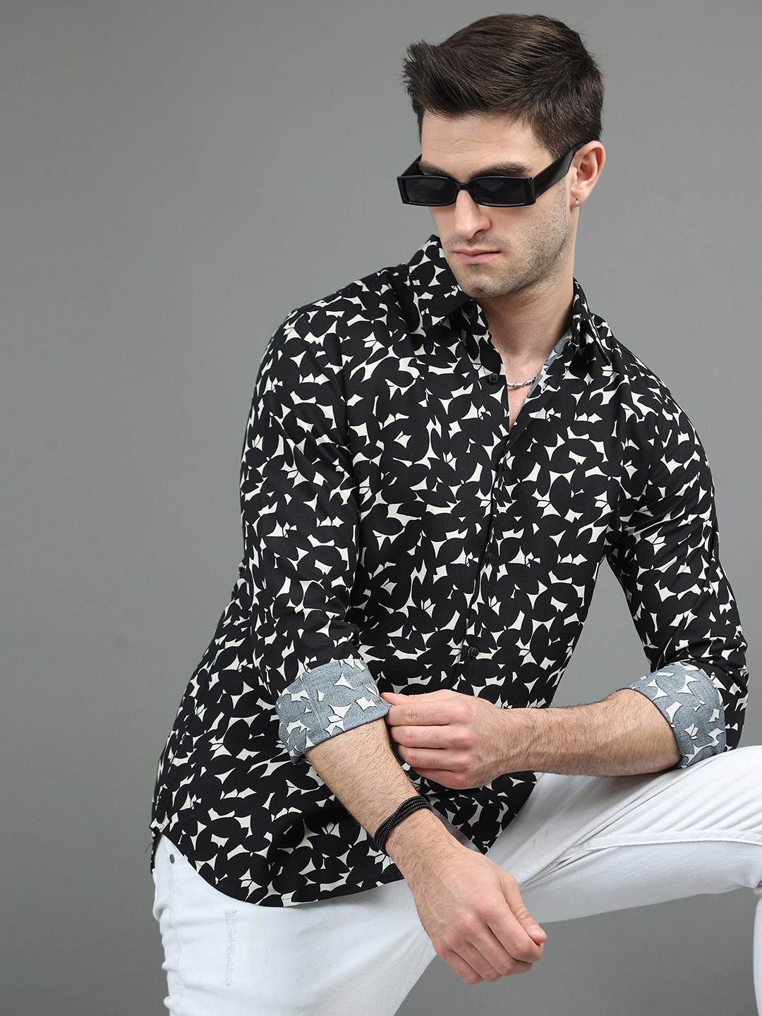 

HERE&NOW Abstract Printed Slim Fit Casual Shirt, Black
