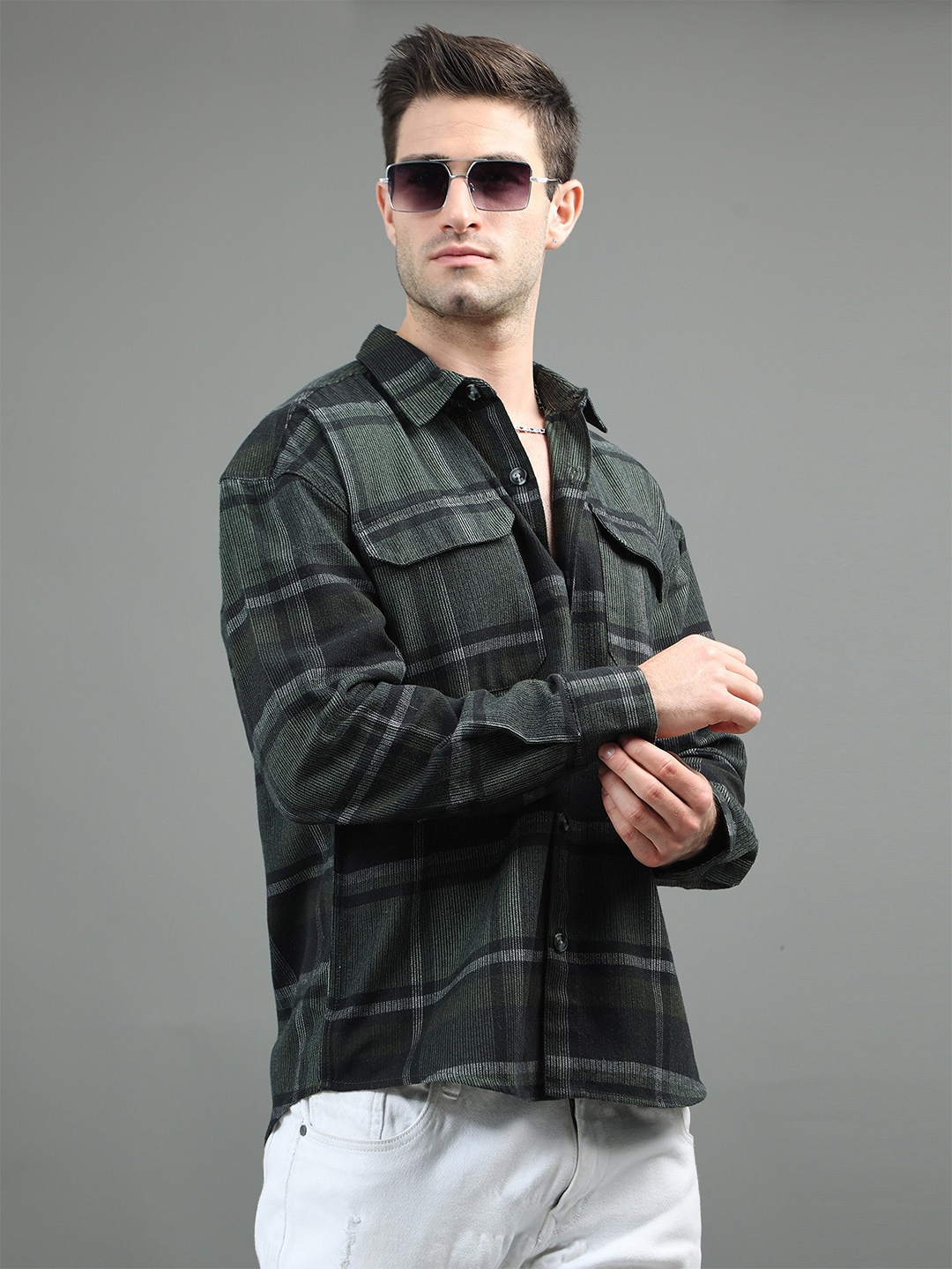 

HERE&NOW Tartan Checks Oversized Cotton Casual Shirt, Green