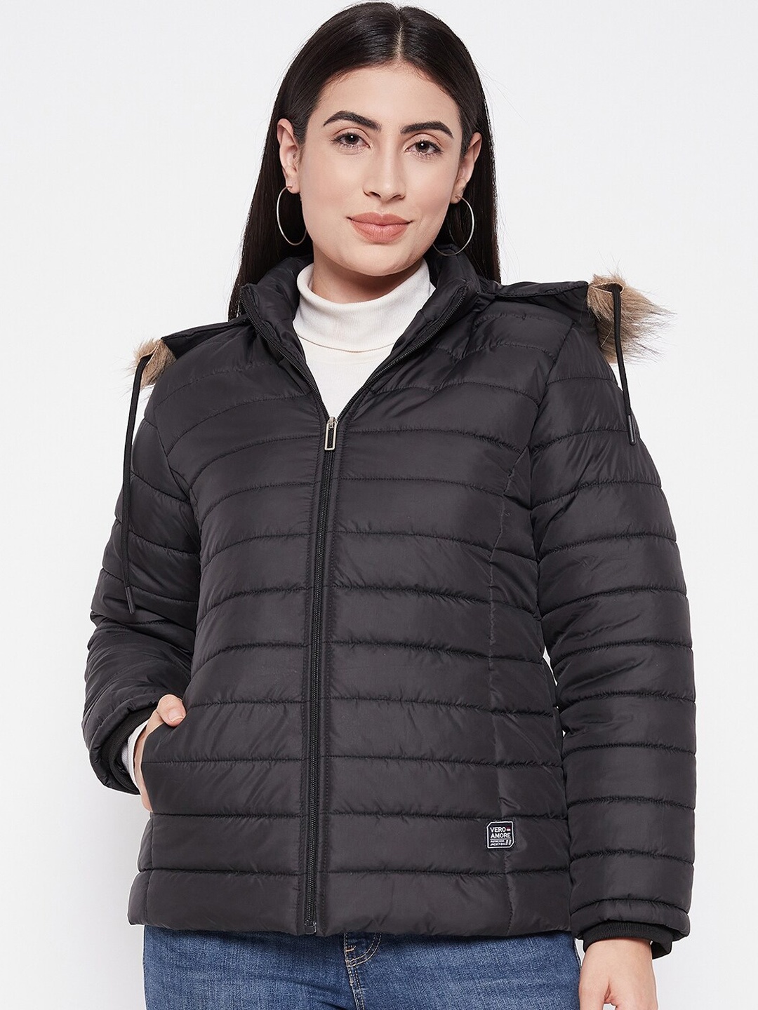 

VERO AMORE Lightweight Faux Fur Trim Puffer Jacket, Black