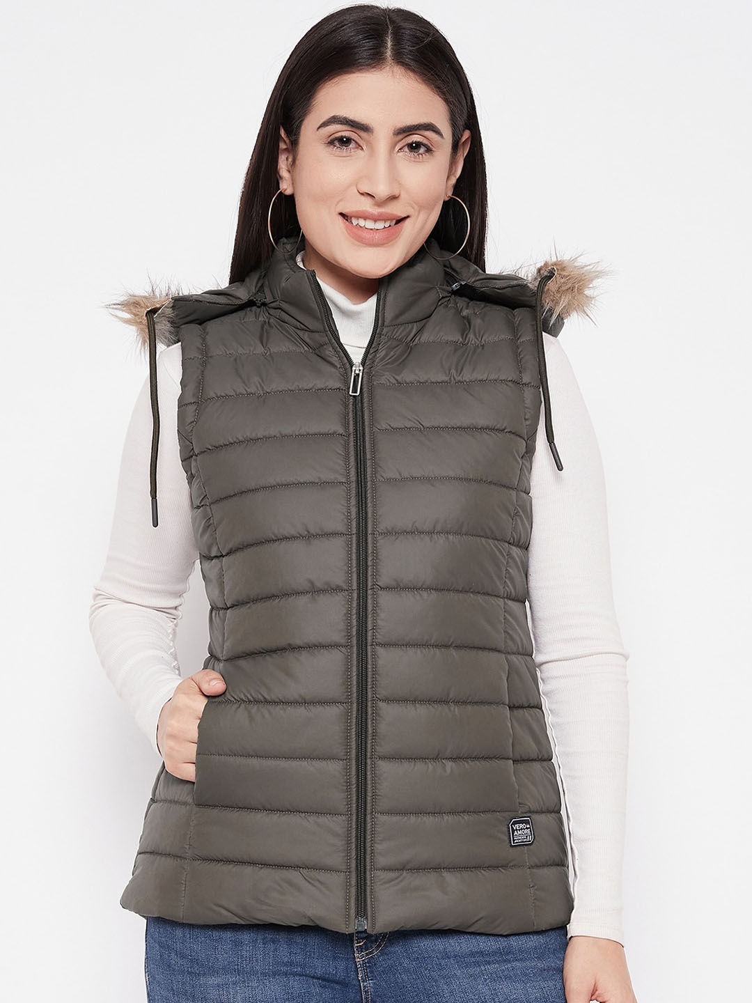 

VERO AMORE Hooded Neck Sleeveless Zip Detail Lightweight Puffer Jacket, Olive