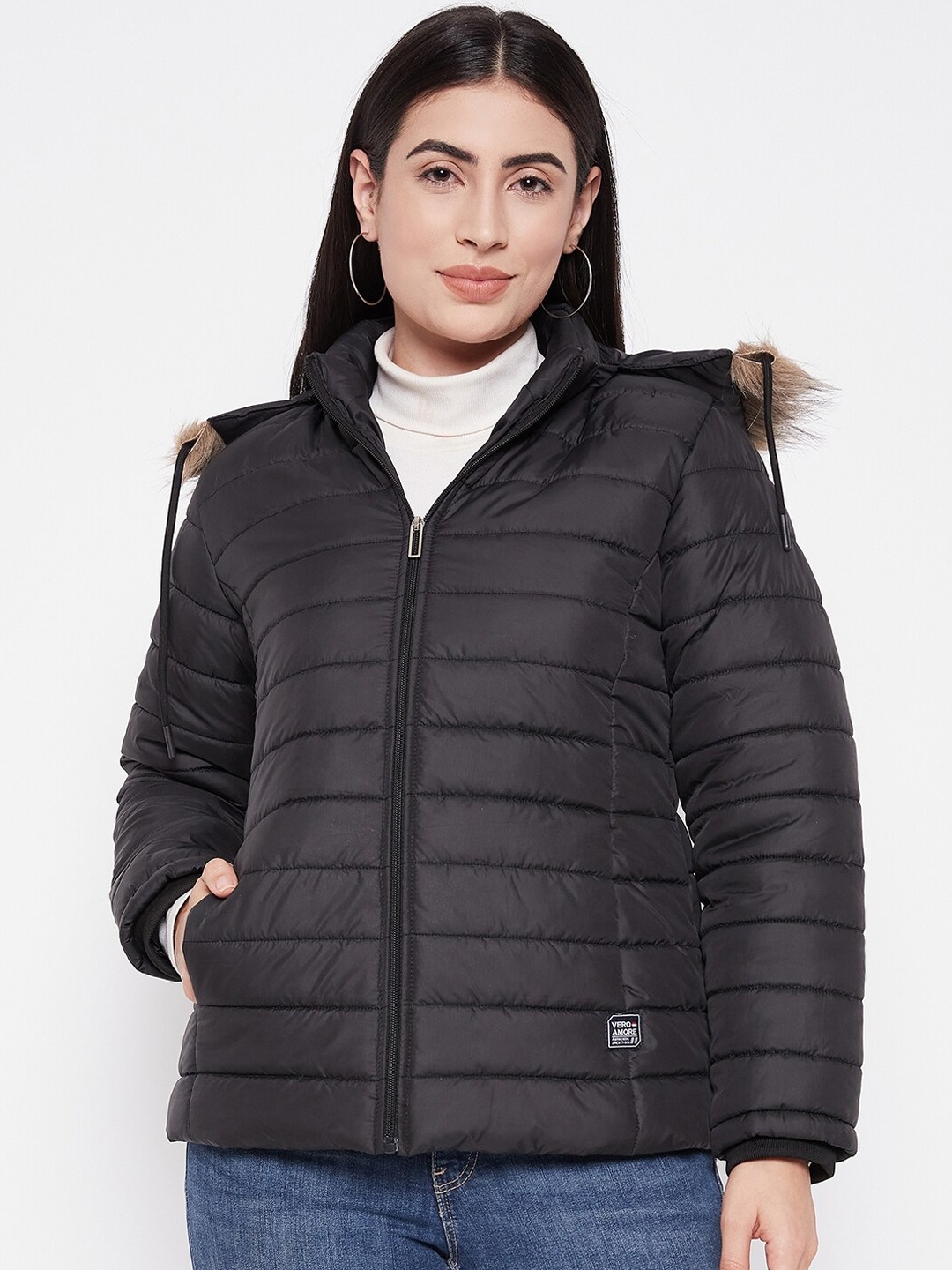 

VERO AMORE Lightweight Faux Fur Trim Puffer Jacket, Black