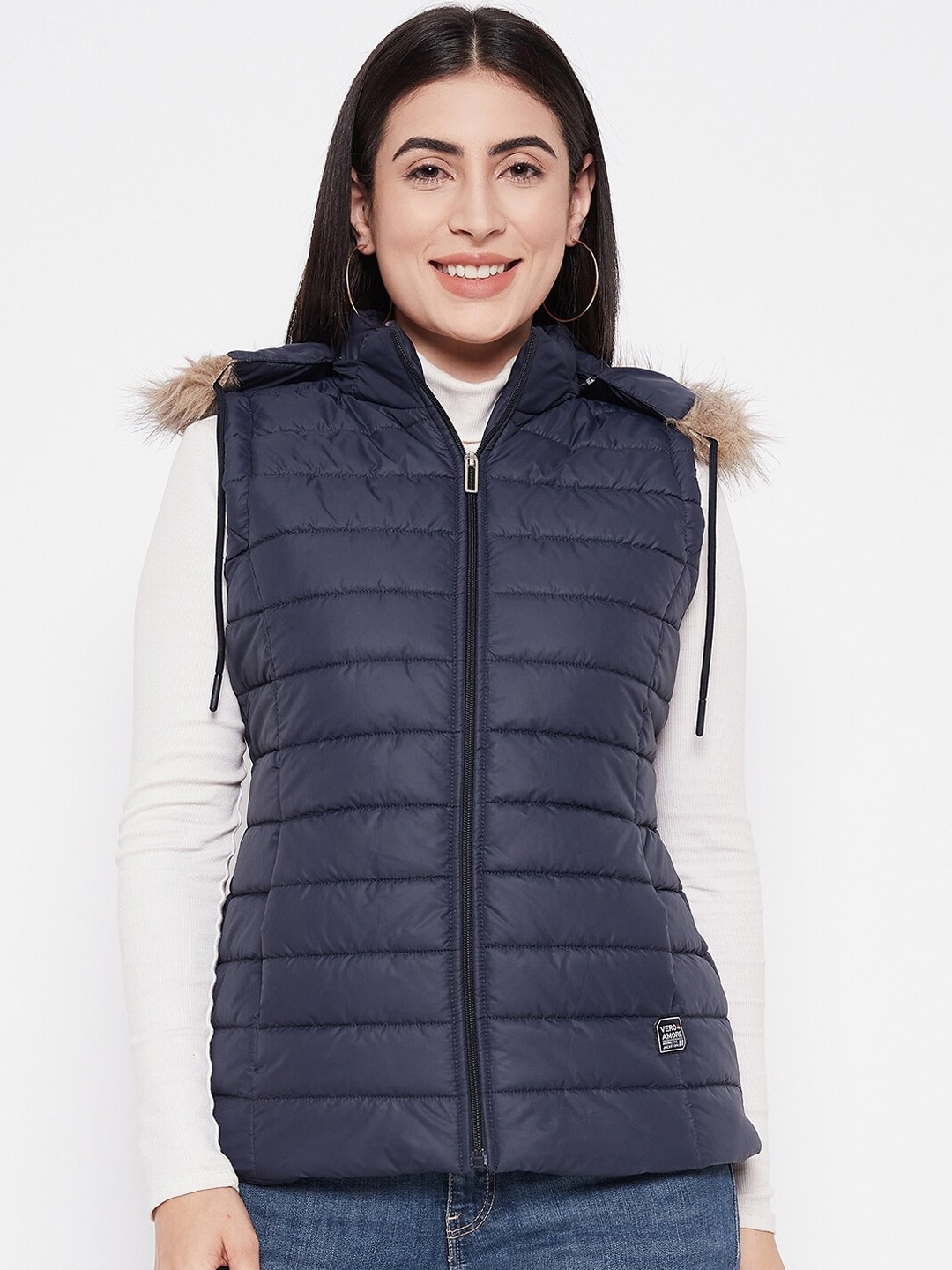 

VERO AMORE Lightweight Faux Fur Trim Puffer Jacket, Navy blue