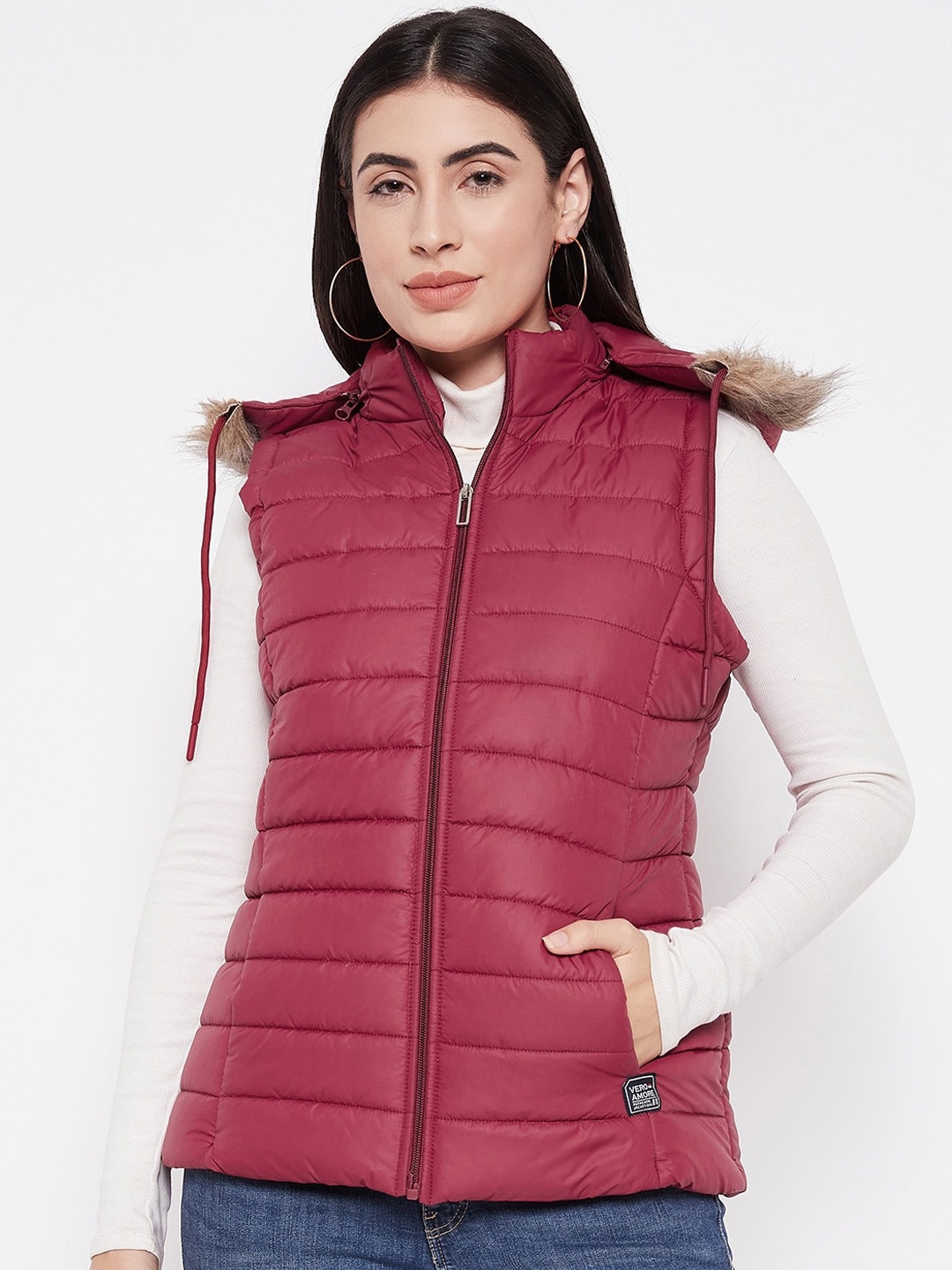 

VERO AMORE Lightweight Puffer Jacket with Faux Fur Trim, Maroon