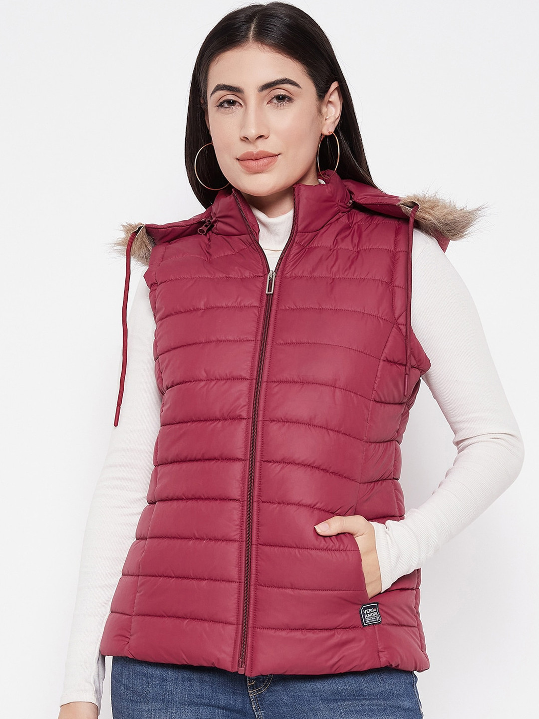 

VERO AMORE Hooded Faux Fur Trim Detail Lightweight Padded Jacket, Maroon
