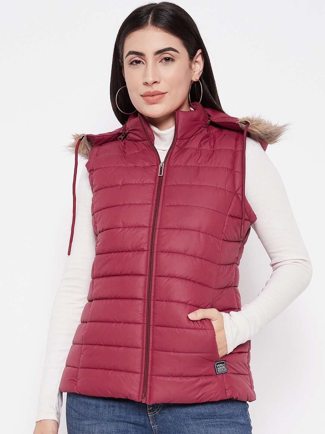 

VERO AMORE Lightweight Hooded Sleeveless Puffer Jacket, Maroon