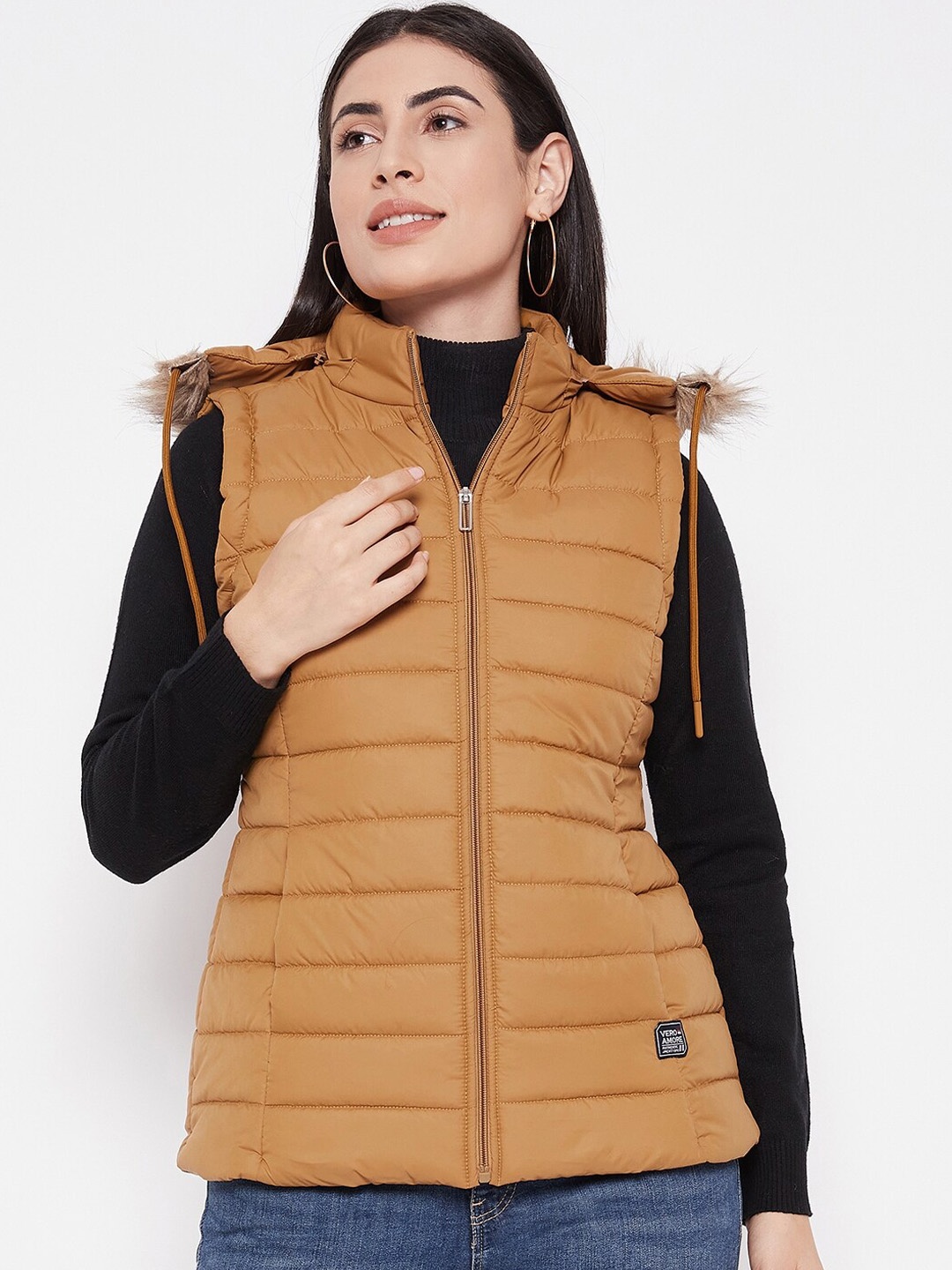

VERO AMORE Lightweight Puffer Jacket with Faux Fur Trim, Camel brown
