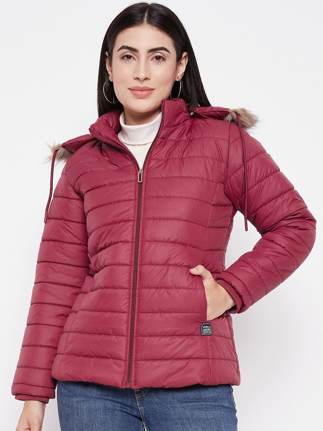 

VERO AMORE Hooded Neck Long Sleeve Zip Detail Lightweight Puffer Jacket, Maroon