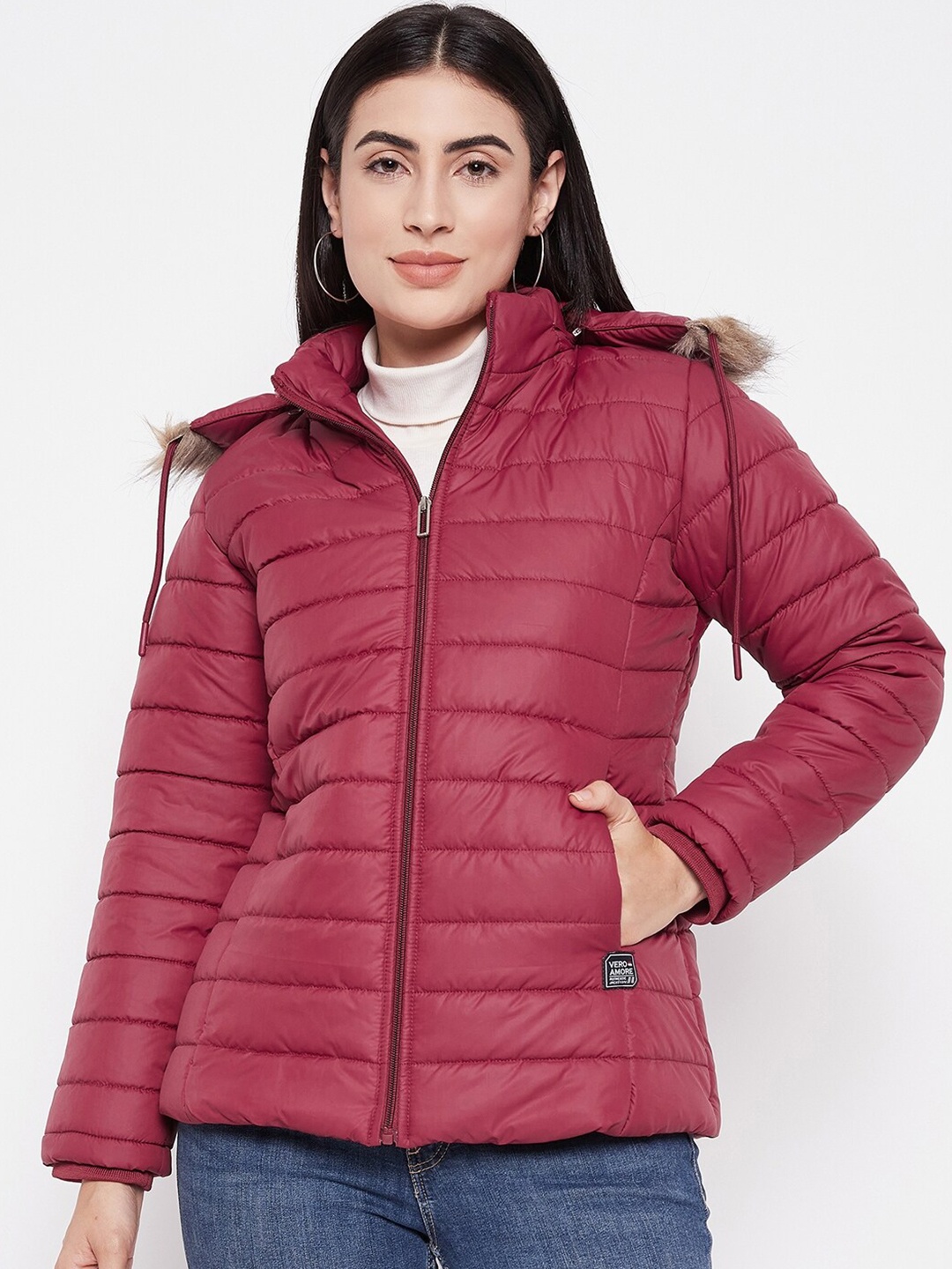 

VERO AMORE Hooded Faux Fur Trim Detail Lightweight Padded Jacket, Maroon