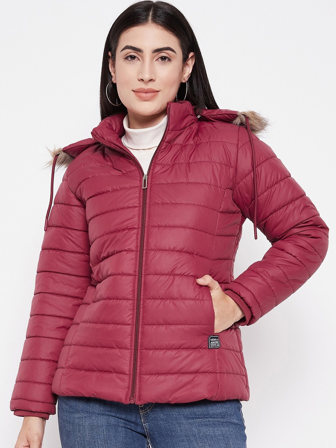 

VERO AMORE Lightweight Longline Puffer Jacket with Faux Fur Trim, Maroon