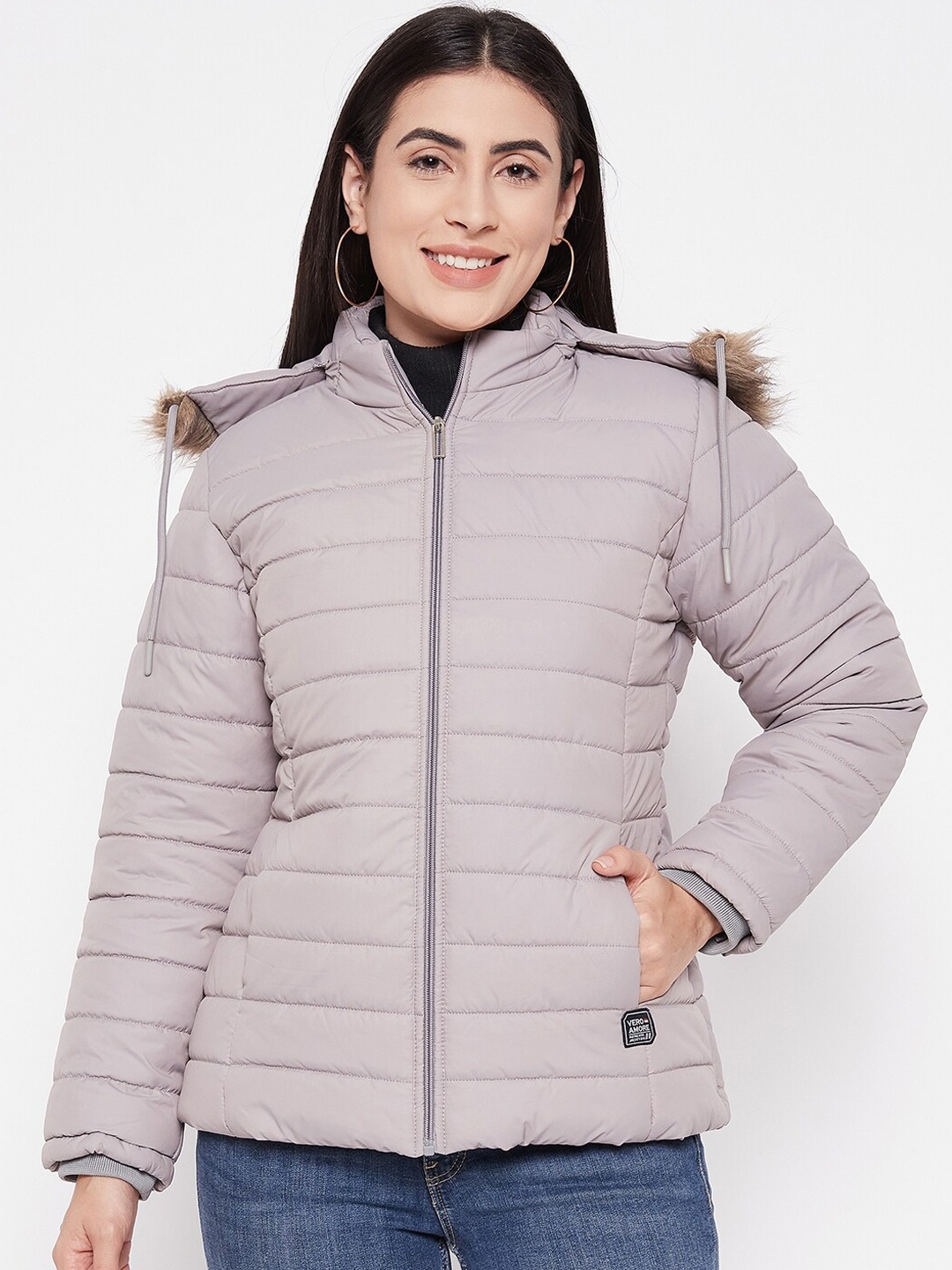 

VERO AMORE Lightweight Puffer Jacket with Faux Fur Trim, Grey