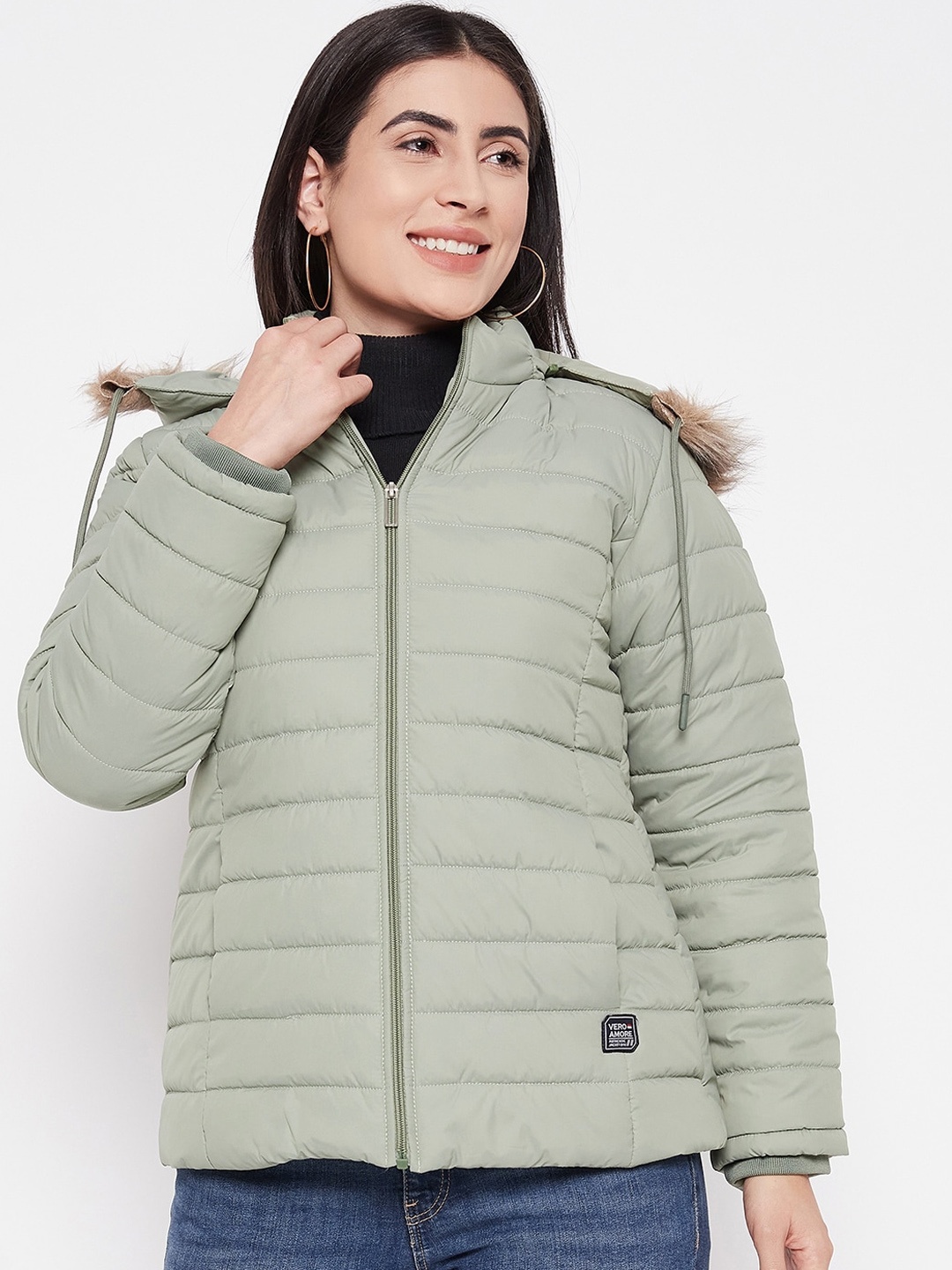 

VERO AMORE Hooded Faux Fur Trim Detail Lightweight Padded Jacket, Sea green