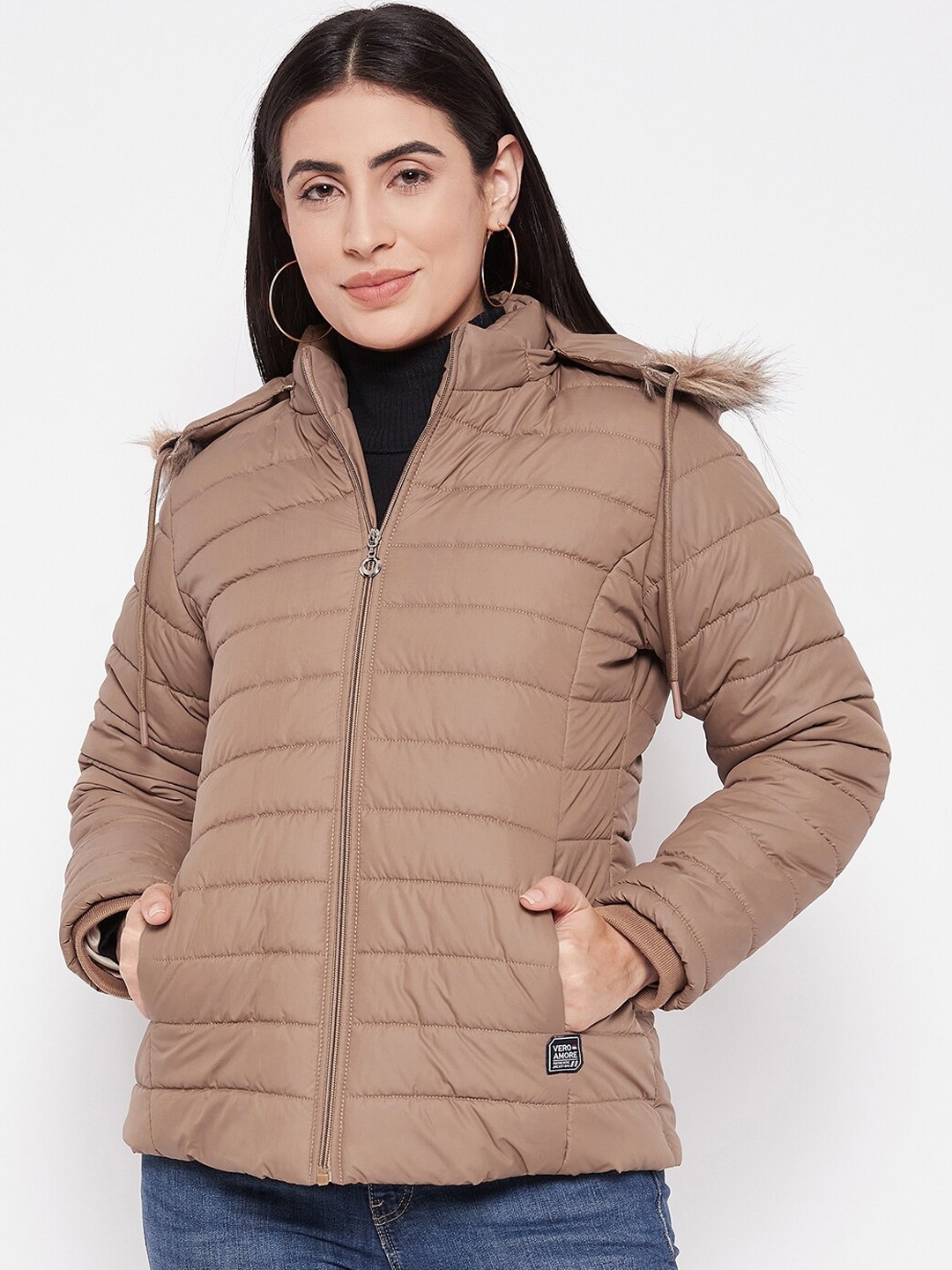 

VERO AMORE Lightweight Faux Fur Trim Puffer Jacket, Beige