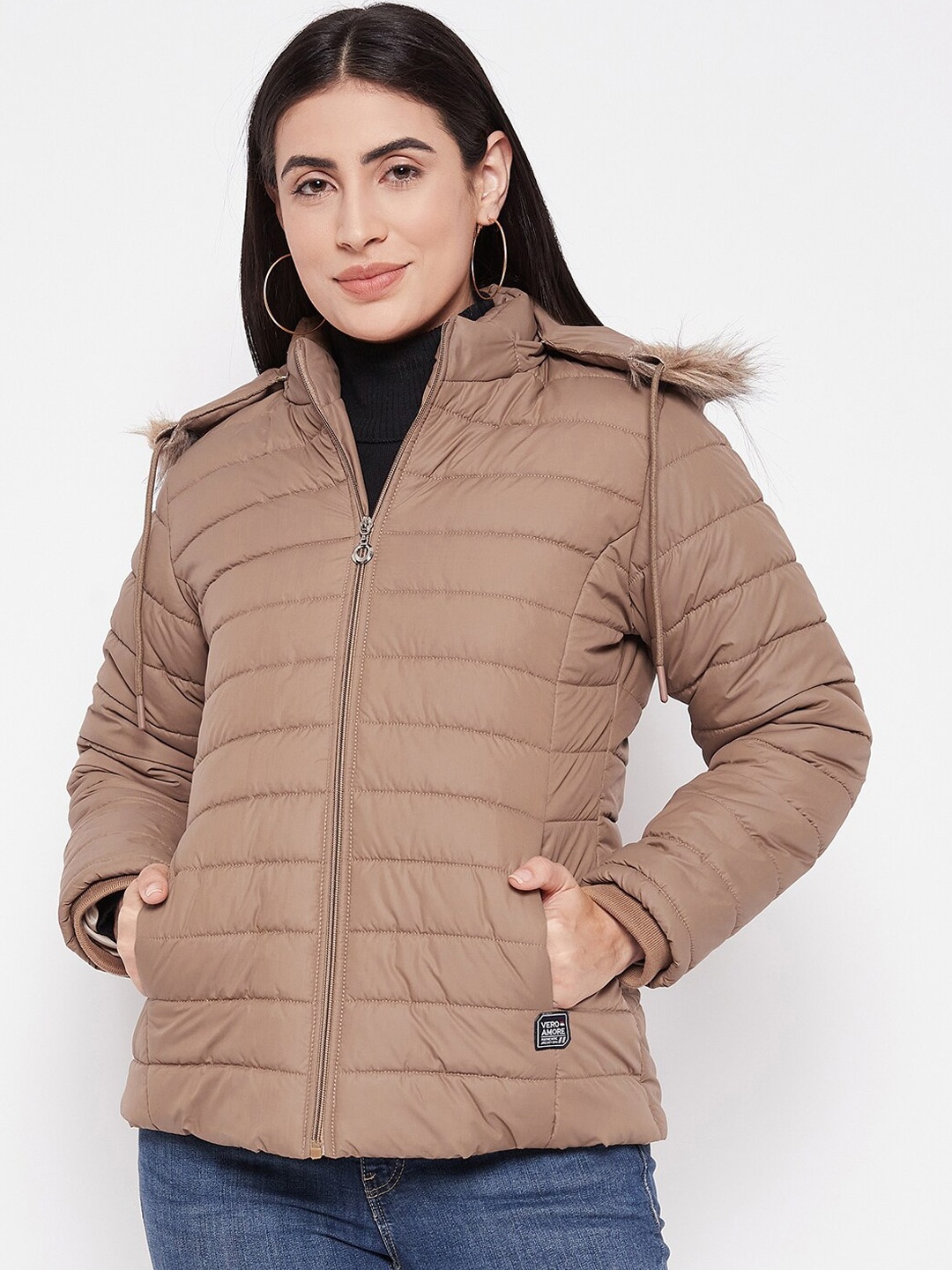 

VERO AMORE Hooded Neck Long Sleeve Zip Detail Lightweight Puffer Jacket, Beige