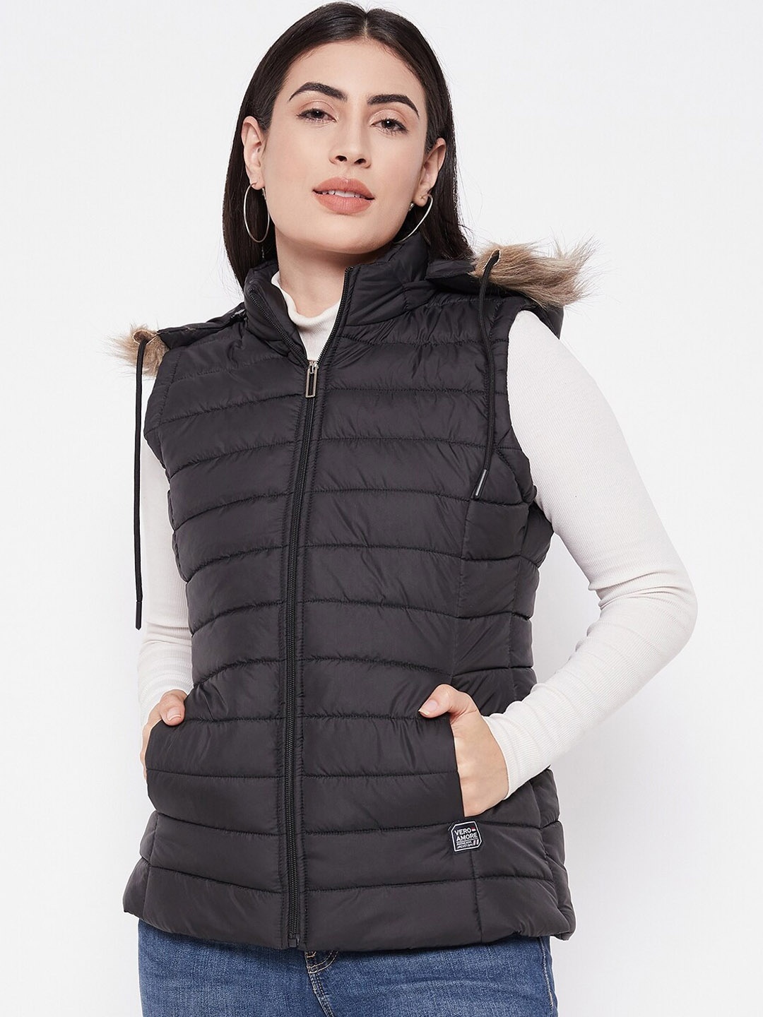 

VERO AMORE Lightweight Puffer Jacket with Faux Fur Trim, Black