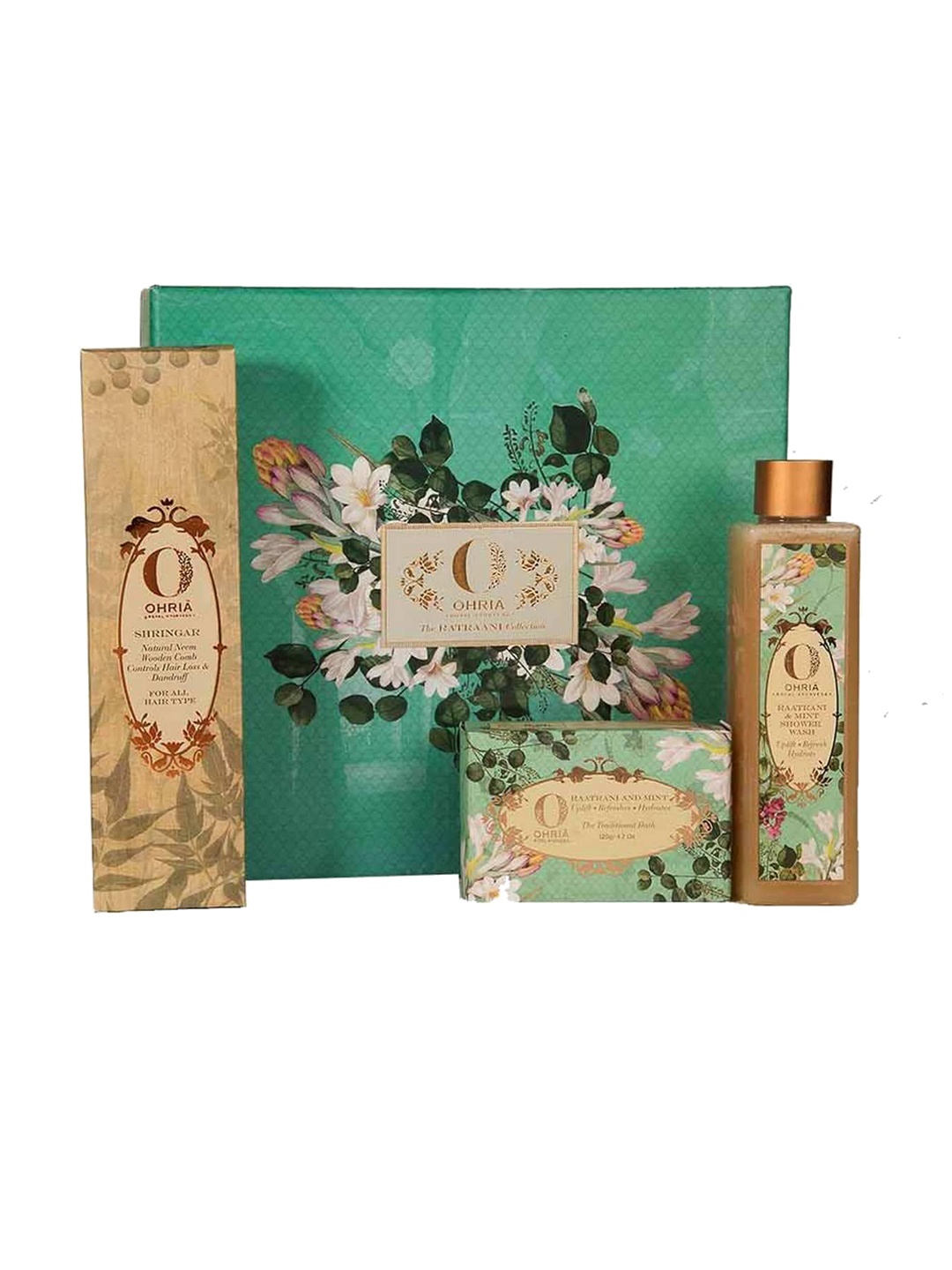 

OHRIA AYURVEDA Set Of 3 Bathing Bar - 120g-Neem Wooden Comb-Shower Wash - 200ml, Beige