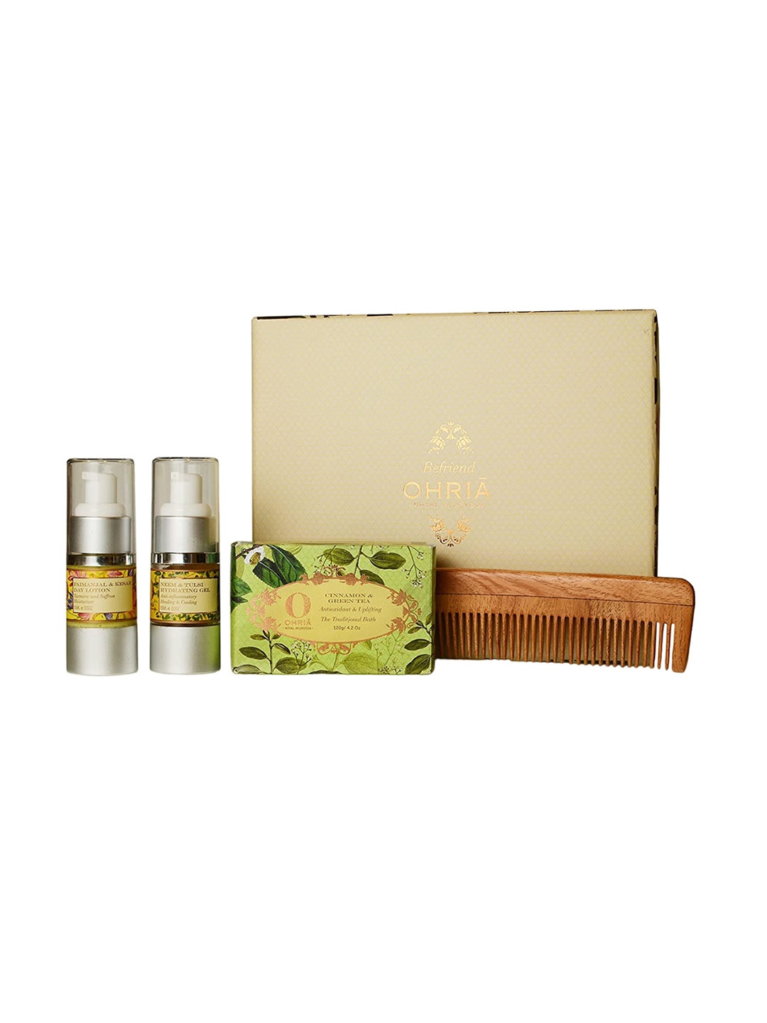 

OHRIA AYURVEDA Set Of 4 Lotion - 15ml-Hydrating Gel - 15ml-Bathing Bar - 120g-Wooden Comb, Green