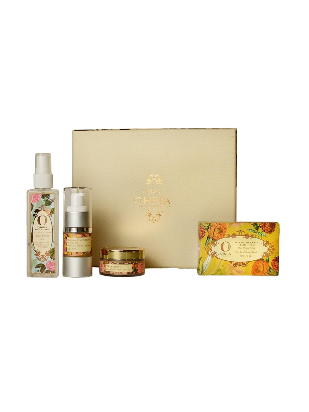 

OHRIA AYURVEDA SetOf4 Facial Cleanser-15ml-Face Wash-20g-FacialMist-100ml-Bathing Bar-120g, White