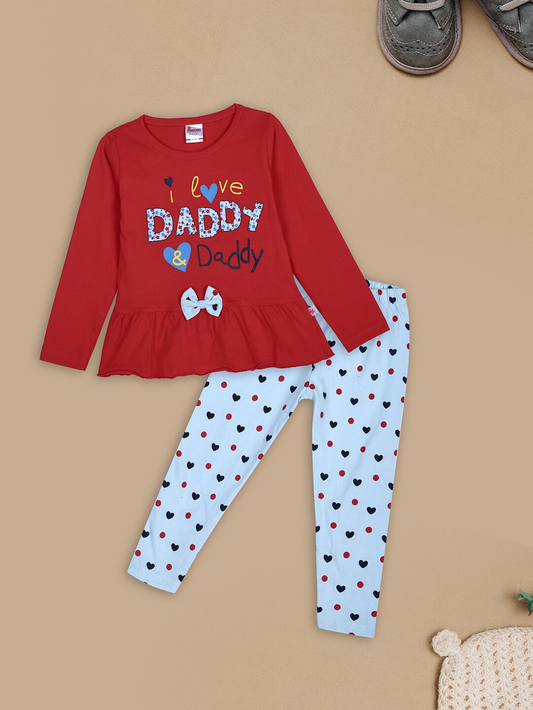 

V-Mart Girls Printed Pure Cotton Top With Leggings, Red