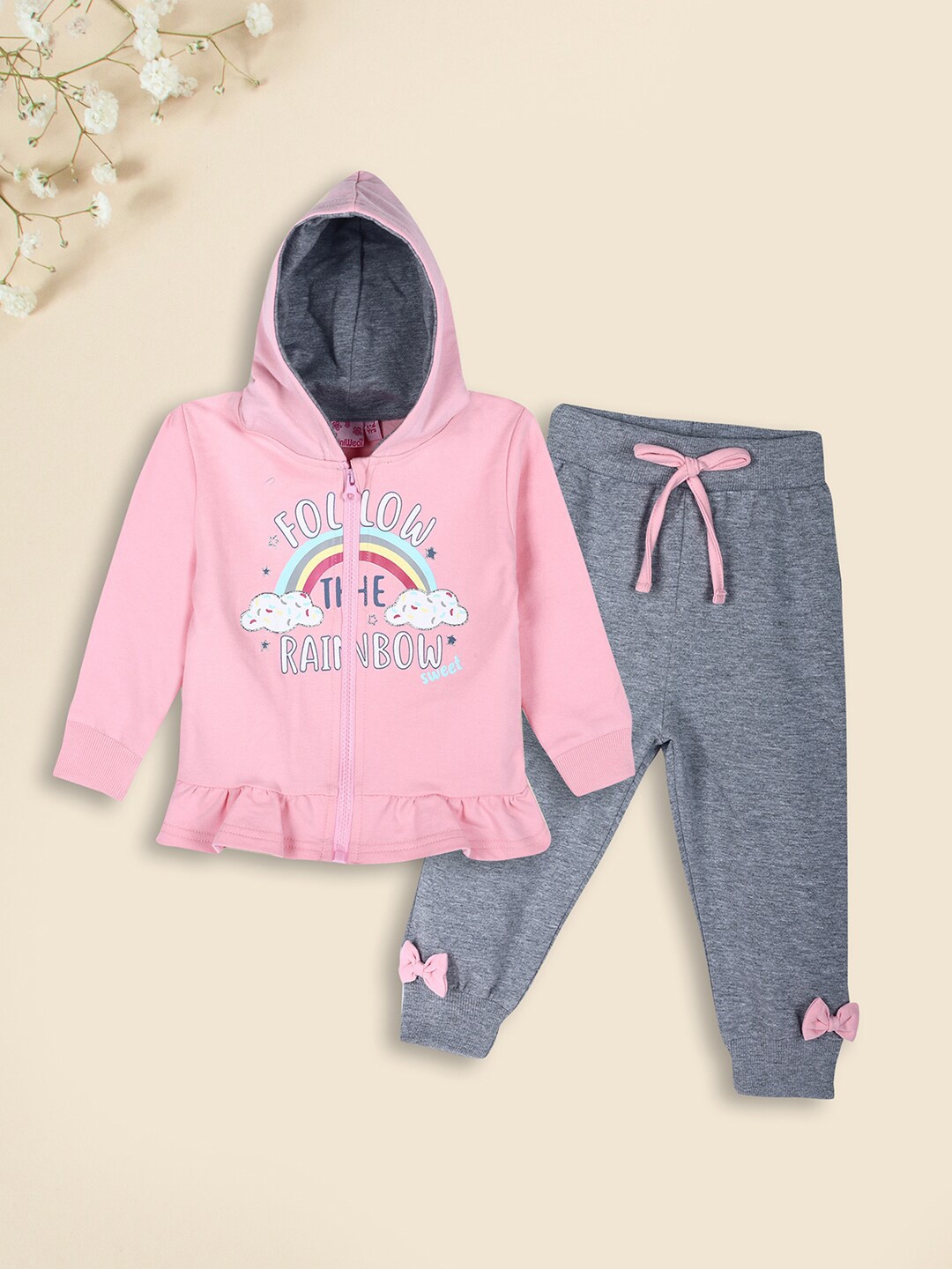 

V-Mart Girls Printed Hooded Neck Long Sleeve Pure Cotton Clothing Set, Pink