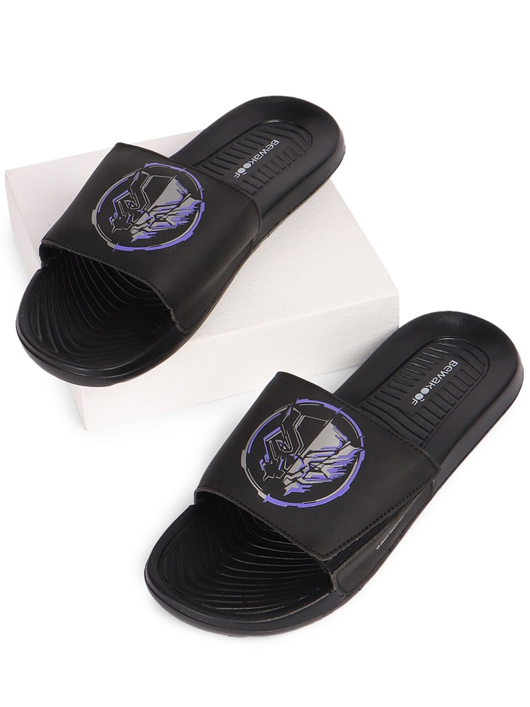 

Bewakoof Men Black Panther Printed Rubber Sliders With Velcro