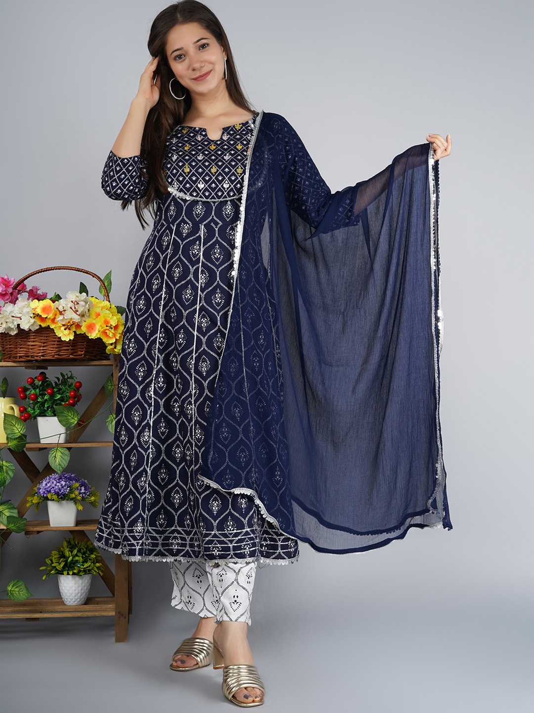 

SINGNI Ethnic Motifs Embroidered Regular Kurta with Trousers & Dupatta, Blue