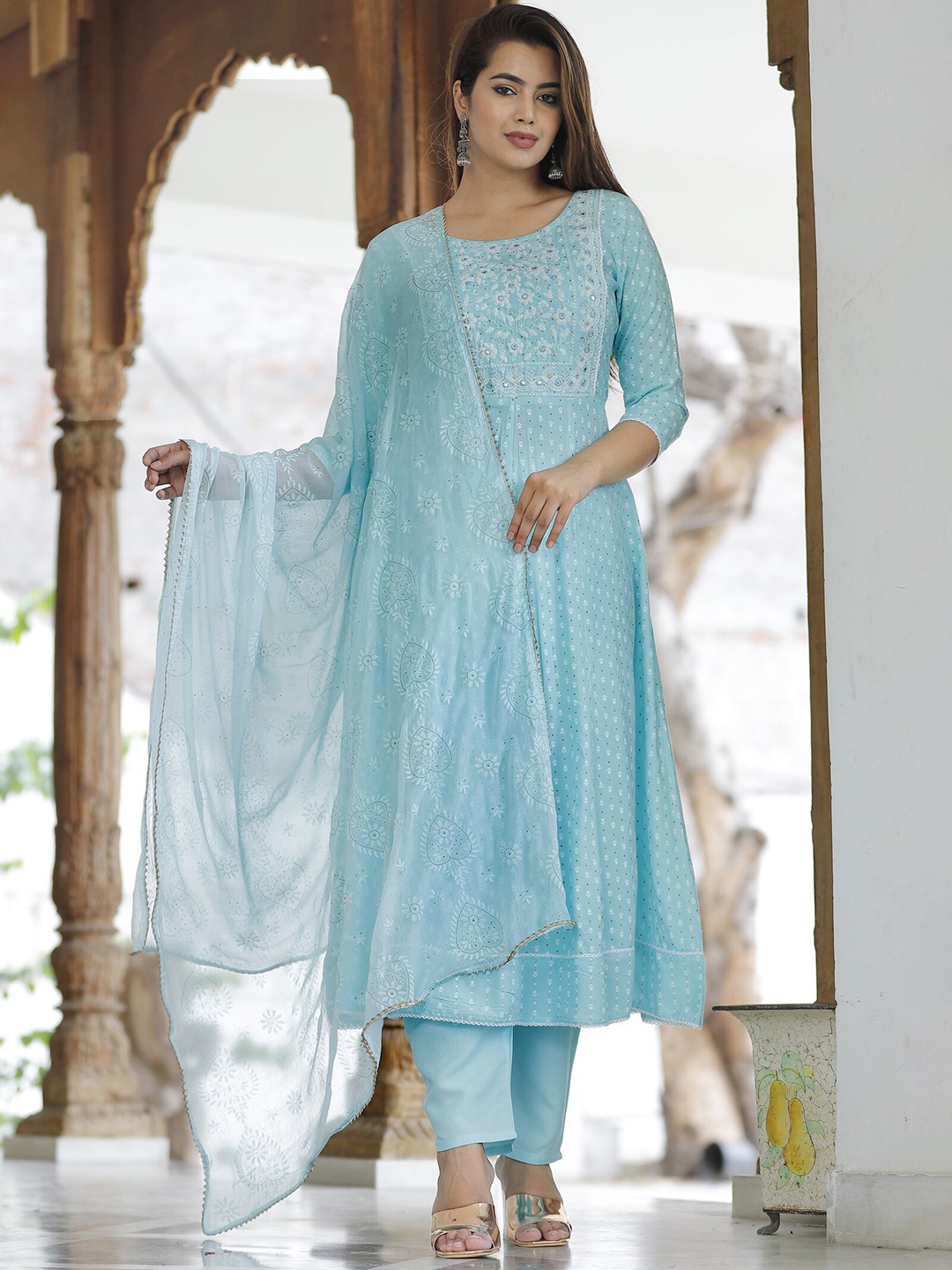 

SINGNI Ethnic Motifs Embroidered Regular Kurta with Trousers & Dupatta, Blue