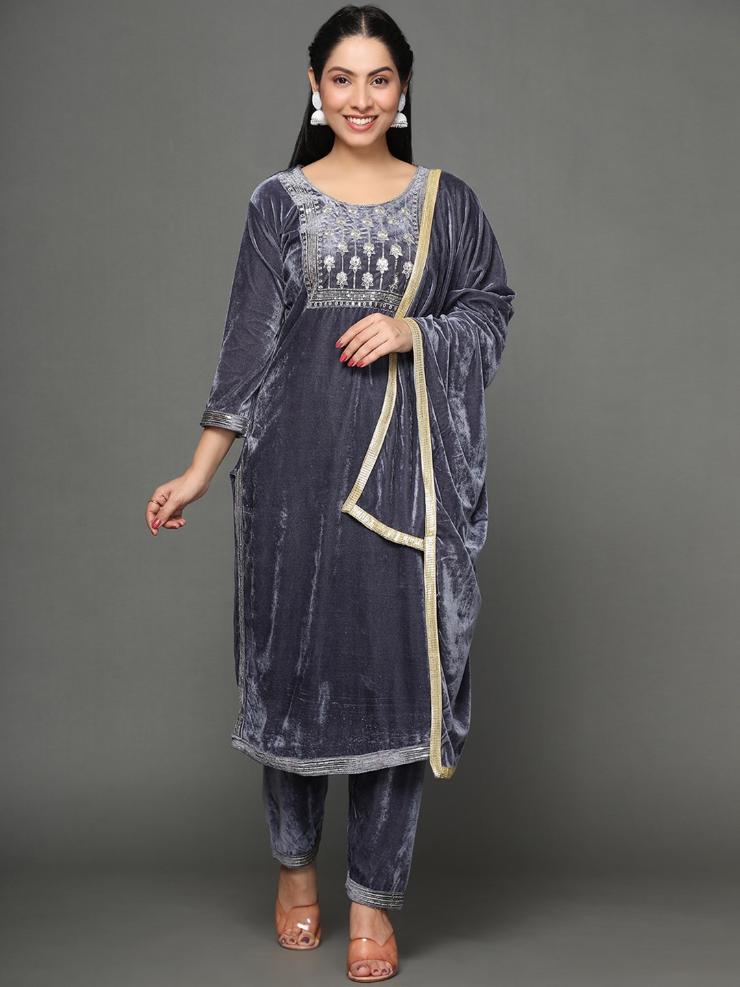 

KALINI Ethnic Motifs Yoke Design Sequinned Velvet Straight Kurta & Trouser With Dupatta, Grey