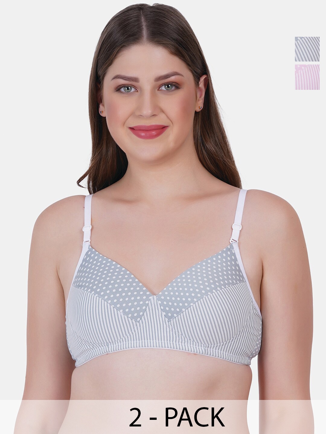 

Reveira Pack Of 2 Polka Dot Printed Medium Coverage Lightly Padded Everyday Bras, Grey