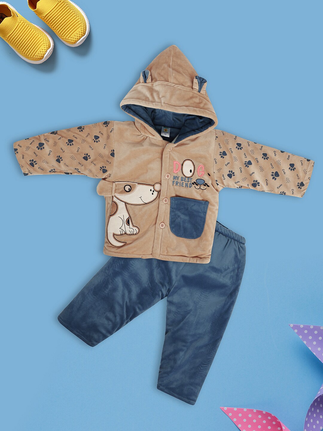 

V-Mart Infants Kids Printed Hooded Pure Cotton Sweatshirt With Trousers, Beige