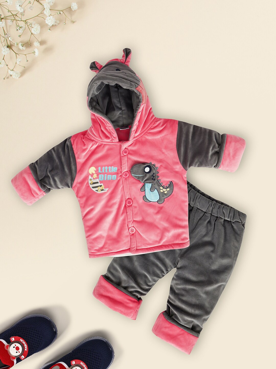 

V-Mart Kids Embroidered Hooded Velvet Coat & Pyjama, Orange