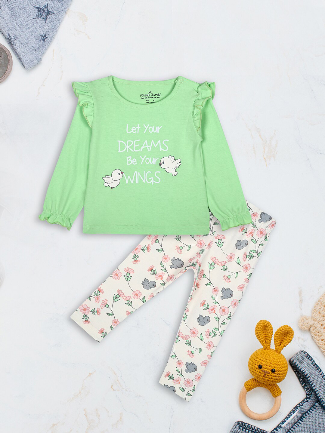 

V-Mart Infant Girls Typography Printed Pure Cotton Top With Trouser, Green