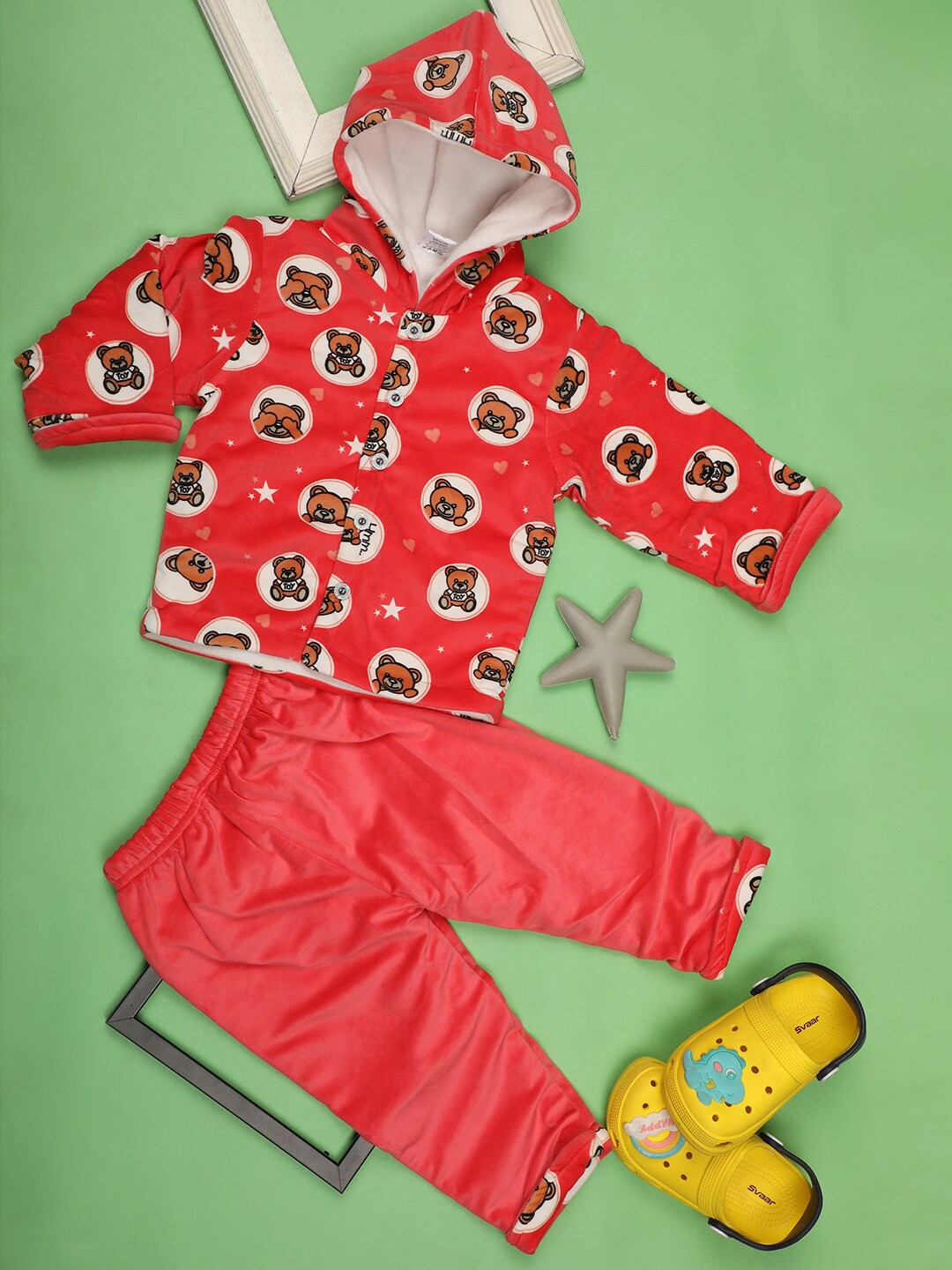 

V-Mart Infants Converstional Printed Hooded Velvet Sweater With Trouser, Red