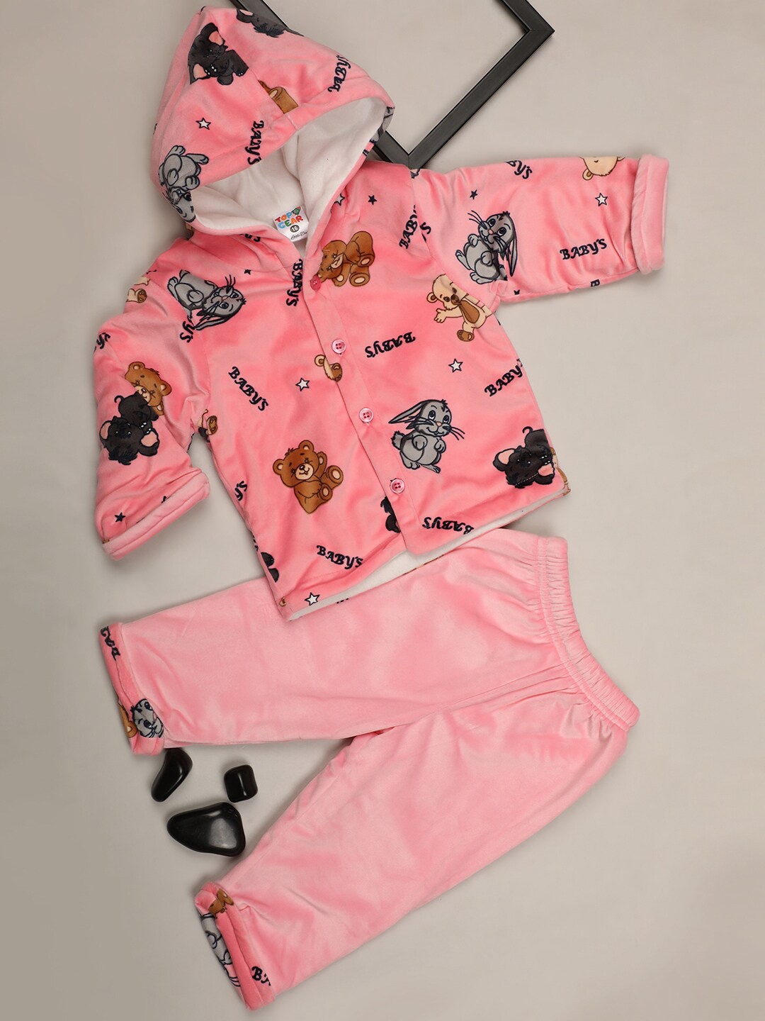 

V-Mart Infant Kids Printed Hooded Velvet Shirt With Trousers, Pink