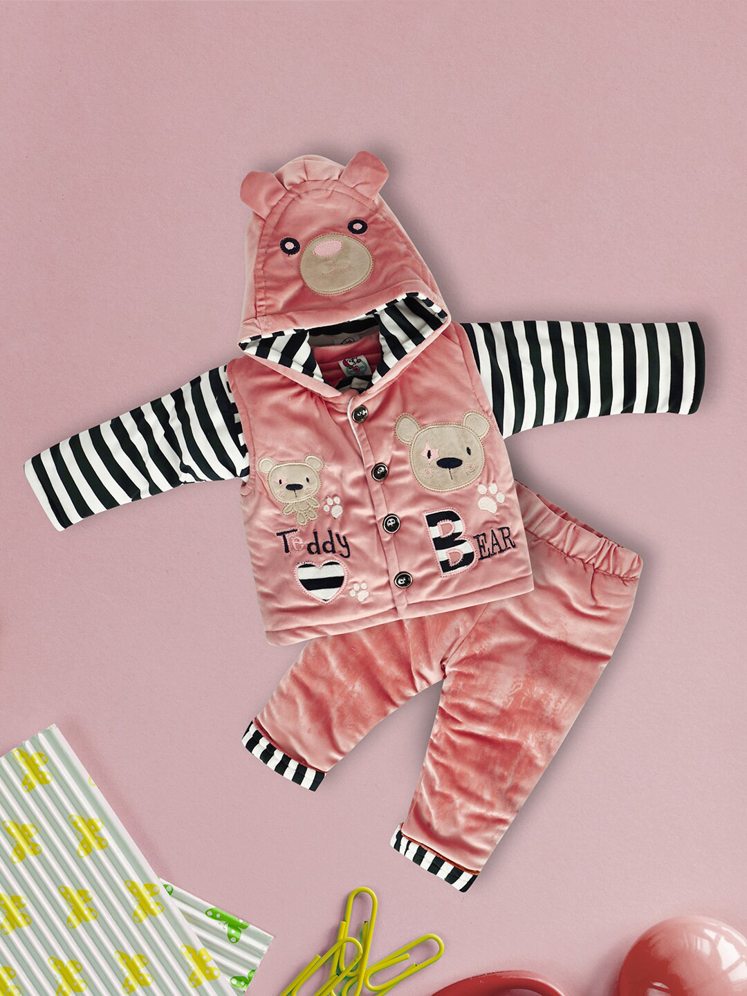 

V-Mart Infants Embroidered Hooded Velvet Sweater With Trouser, Pink