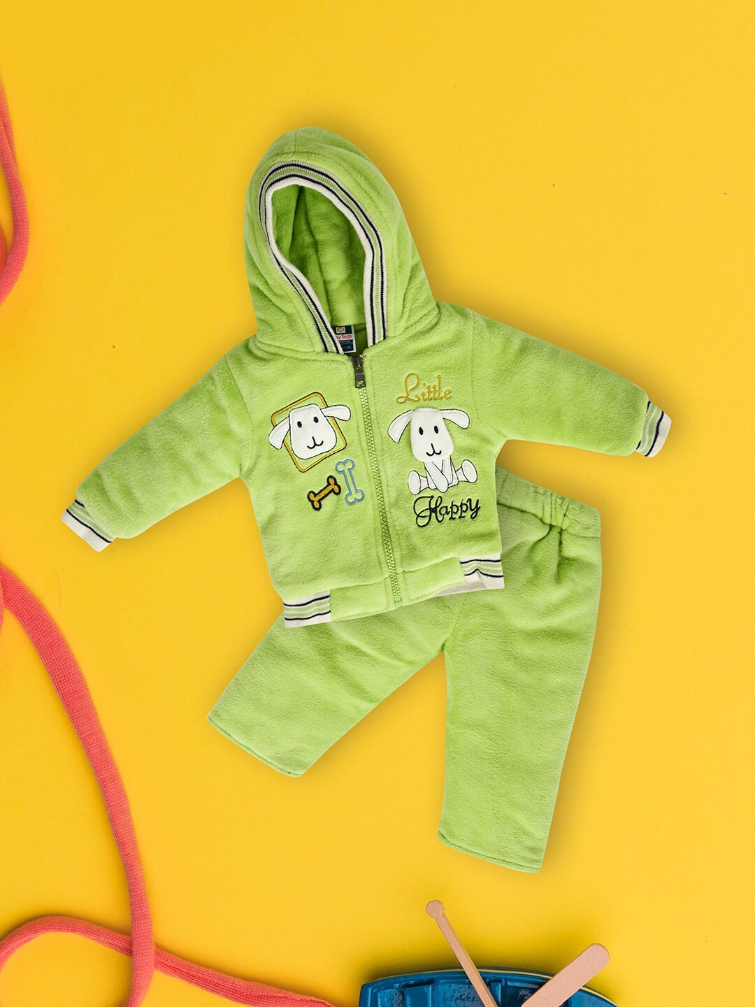 

V-Mart Infants Kids Graphic Embroidered Hooded Pure Cotton Sweatshirt & Trousers, Green