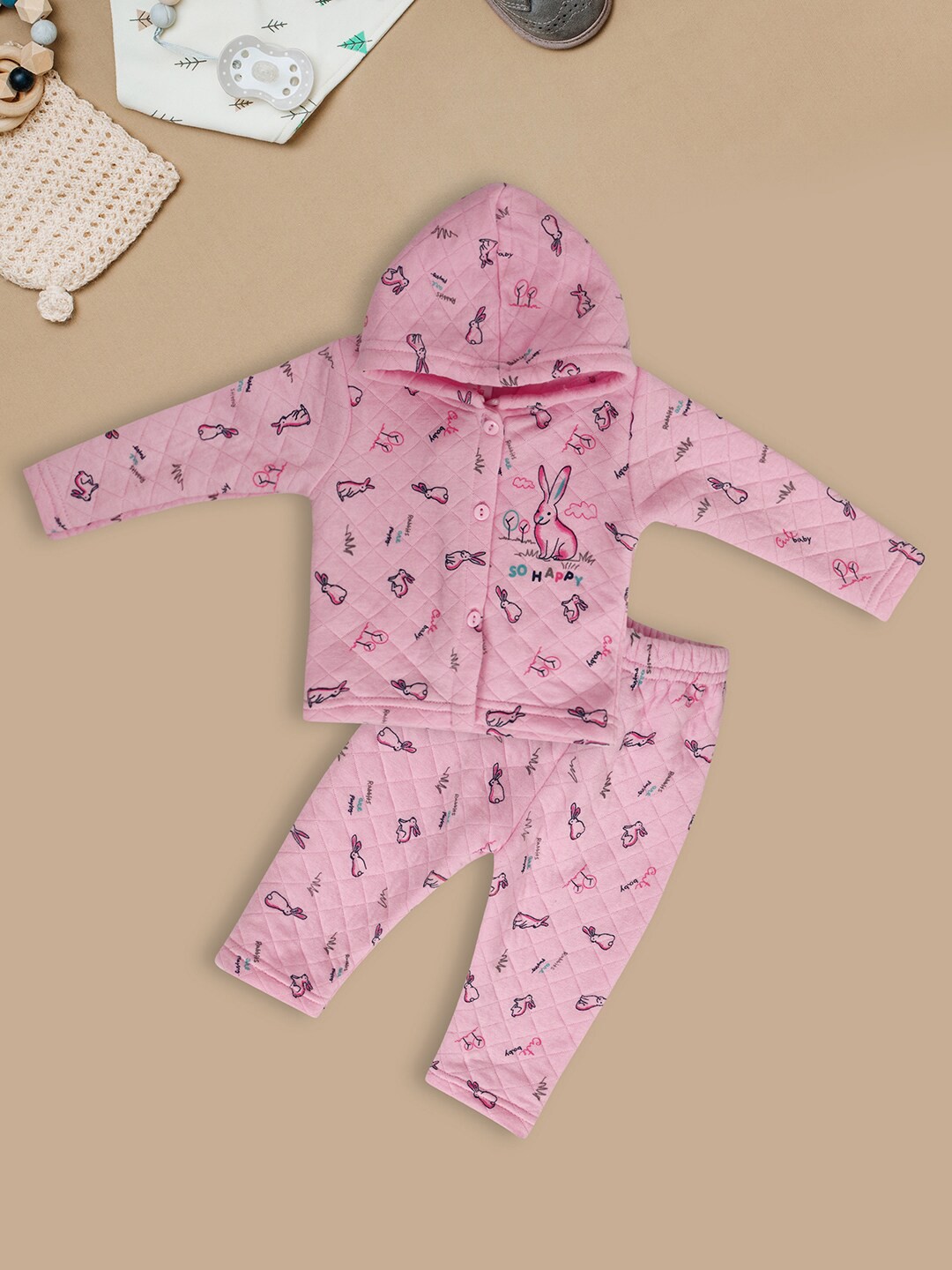 

V-Mart Infant Kids Printed Hooded Pure Cotton Shirt With Trousers, Pink
