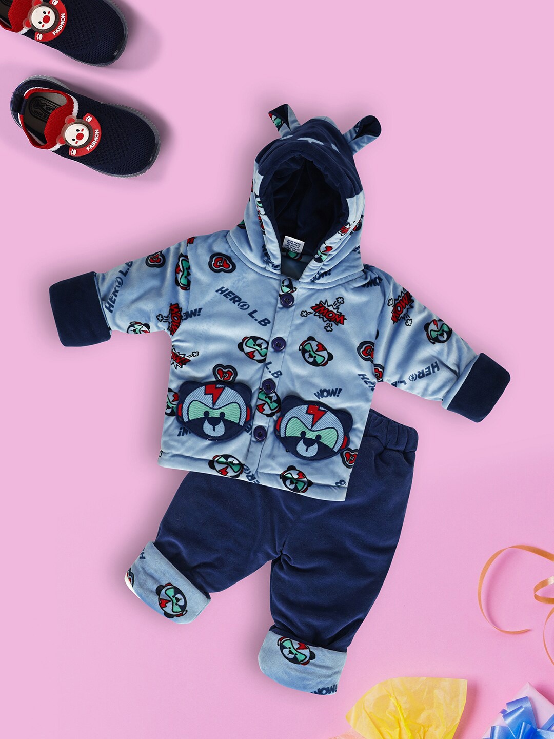 

V-Mart Infants Printed Hooded Velvet Sweater & Pyjamas, Blue