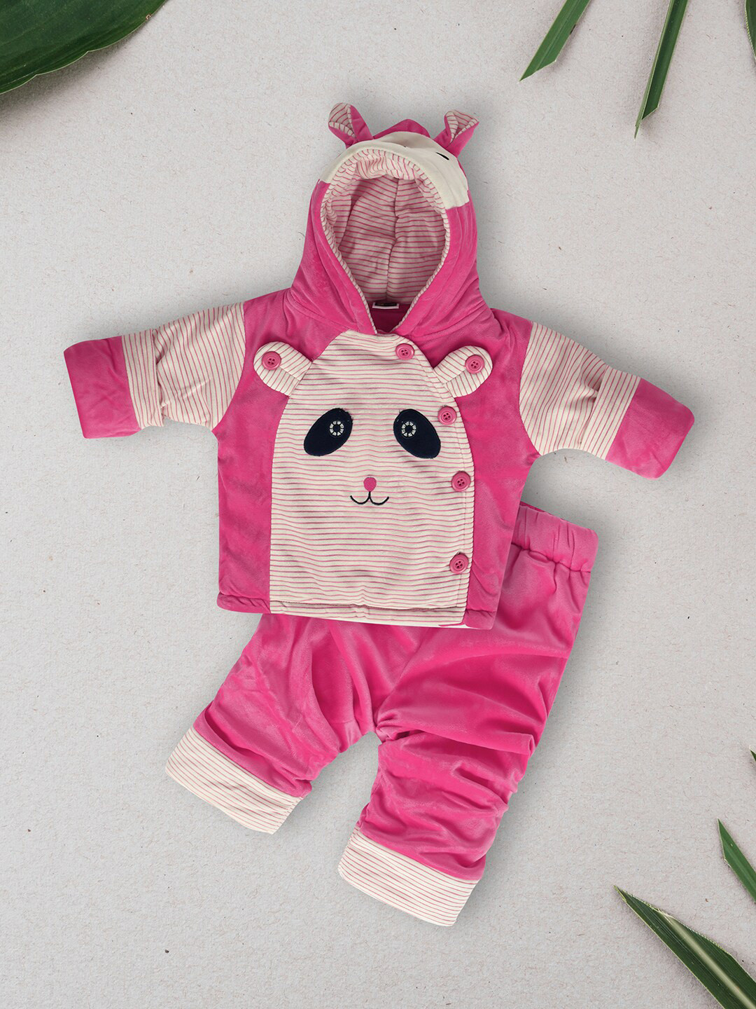 

V-Mart Infants Striped Hooded Velvet T-shirt With Pyjamas, Pink