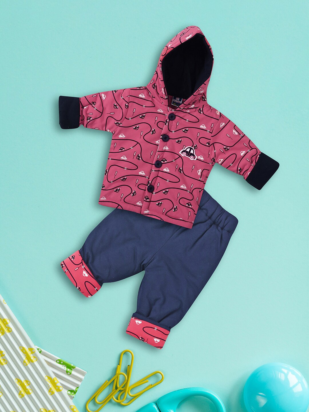 

V-Mart Kids Graphic Printed Hooded Velvet Coat & Pyjama, Red