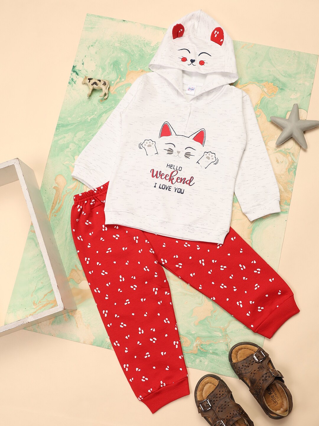 

V-Mart Infant Kids Printed Fleece Hooded Sweatshirt With Trousers, White