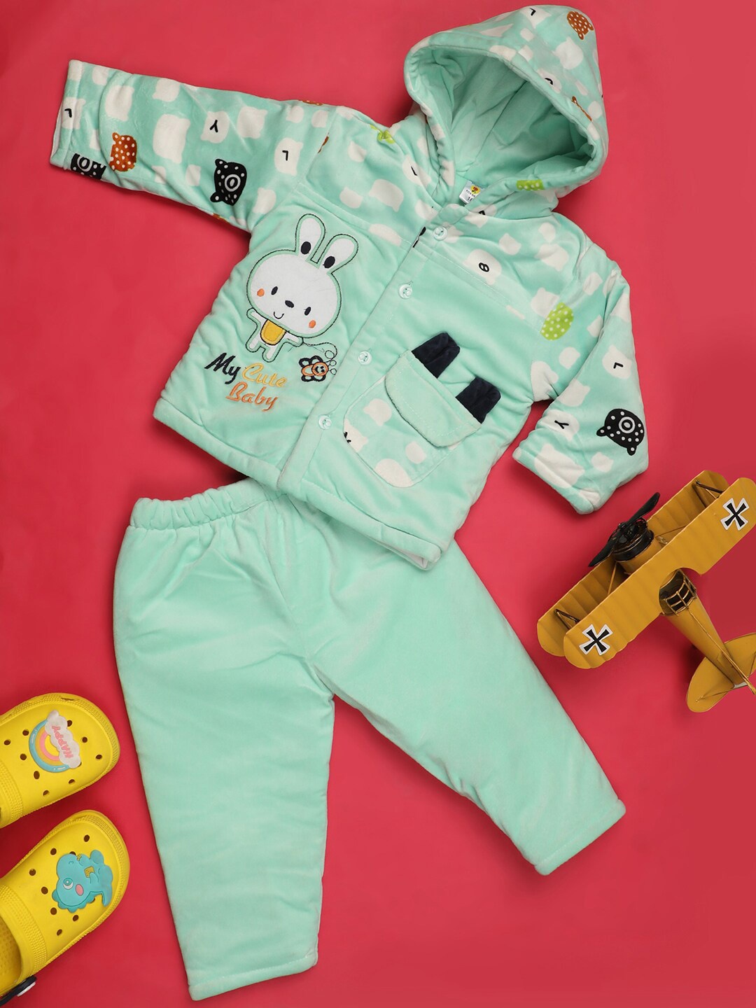 

V-Mart Infants Printed Hooded Pure Cotton Clothing Set, Green