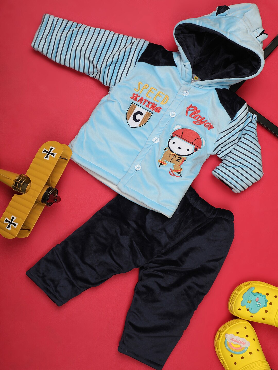 

V-Mart Kids Hooded Embroidered Pure Cotton Coat & Pyjama, Blue
