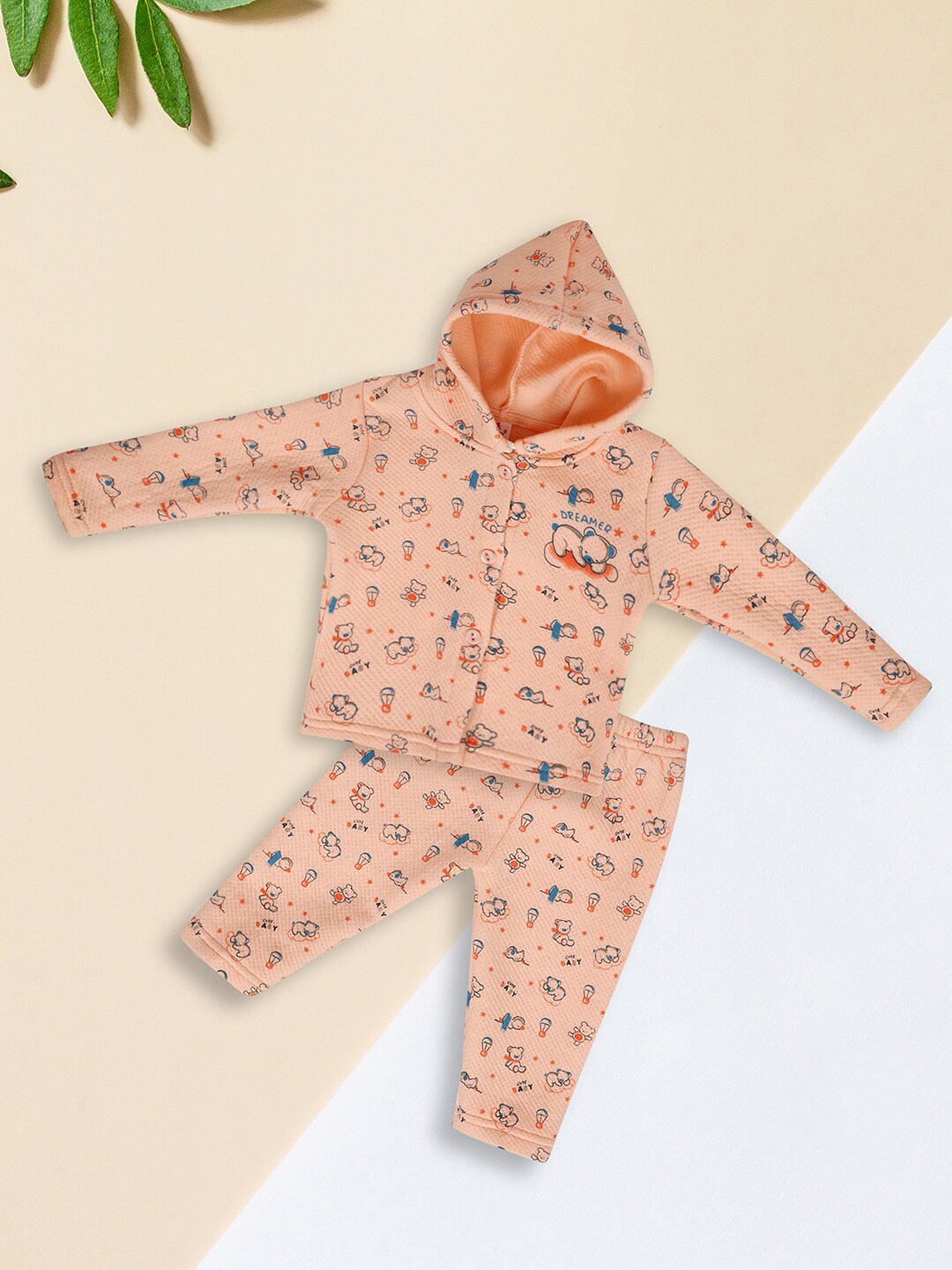 

V-Mart Infant Kids Printed Pure Cotton Hooded Sweatshirt With Trousers, Orange