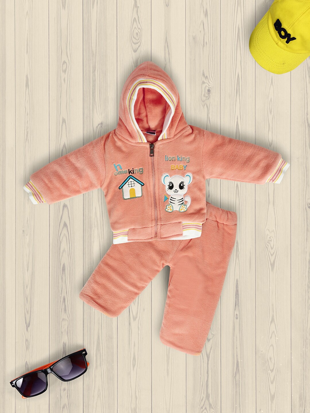 

V-Mart Kids Embroidered Hooded Pure Cotton Coat & Pyjama, Orange