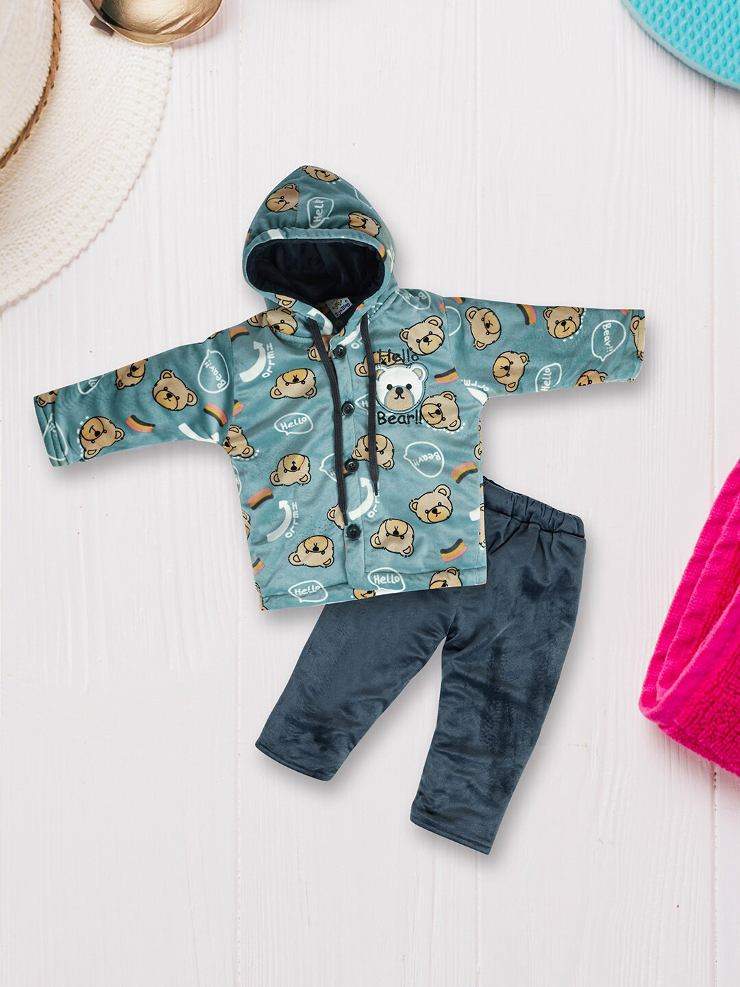 

V-Mart Infant Kids Printed Hooded Velvet Shirt With Trousers, Green