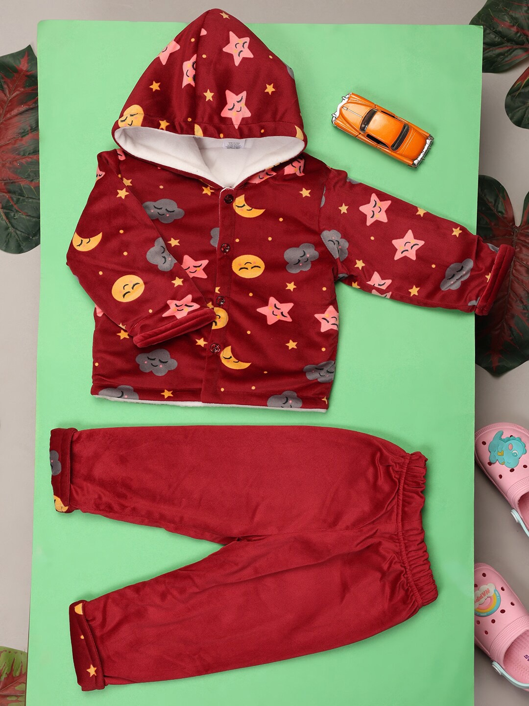 

V-Mart Infants Printed Hooded Pure Cotton Shirt With Trousers, Red