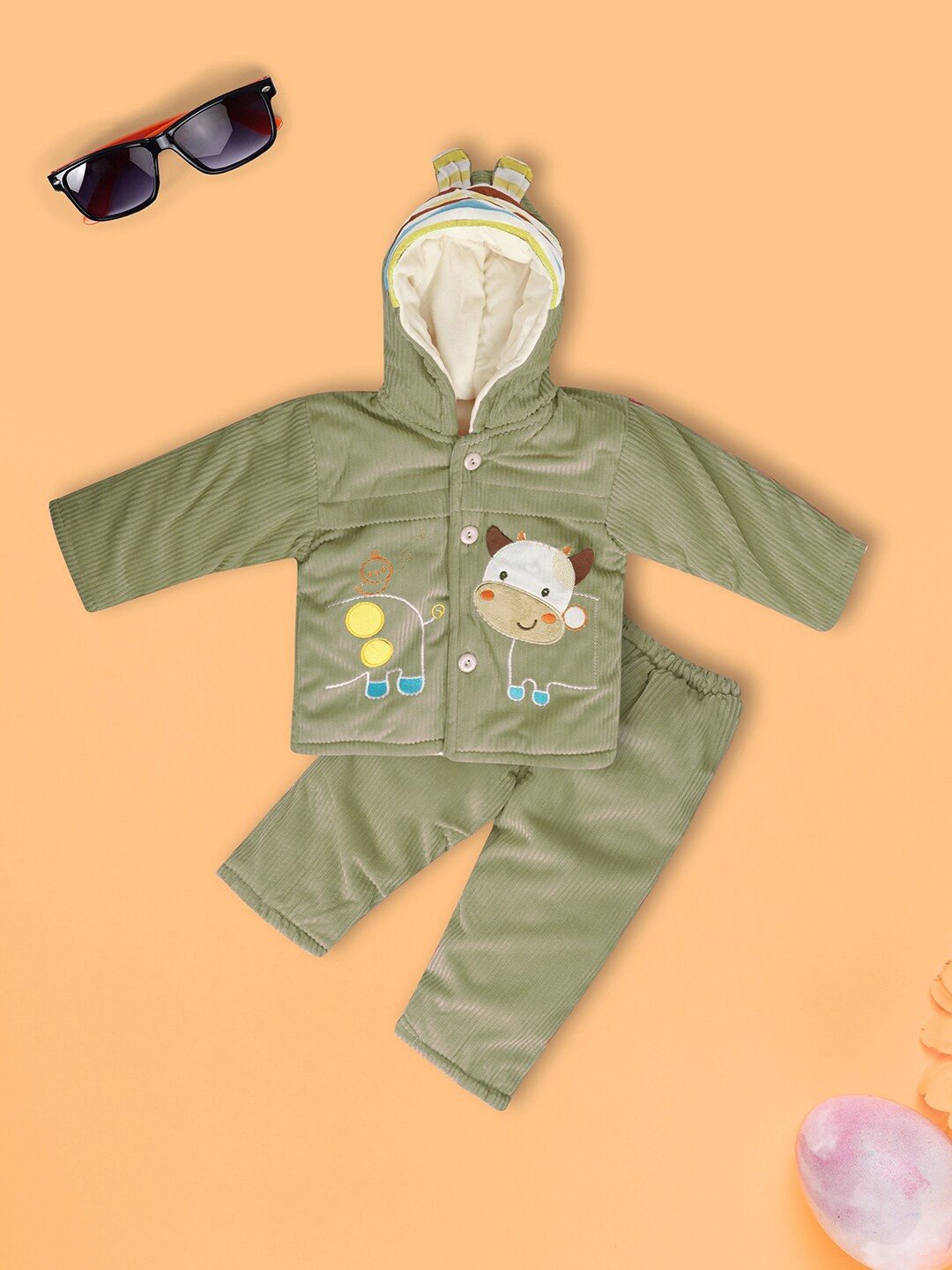 

V-Mart Kids Embroidered Hooded Neck Long Sleeve Pure Cotton Sweatshirt With Pyjama, Green