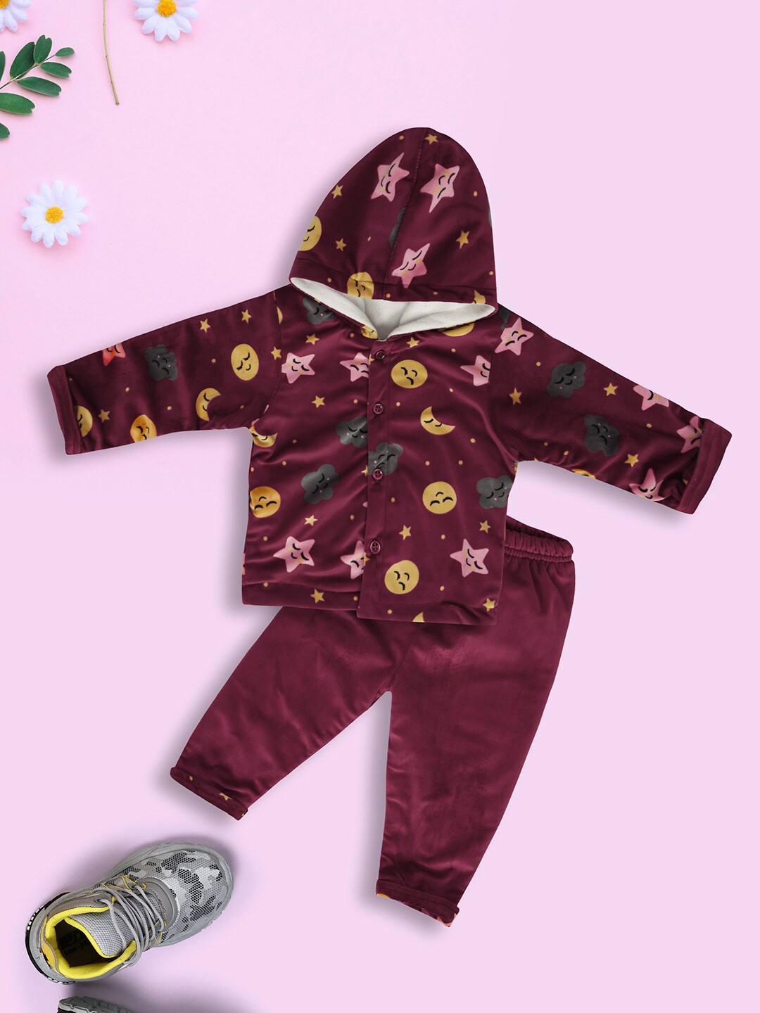 

V-Mart Infants Printed Hooded Pure Cotton T-Shirt With Pyjamas, Red