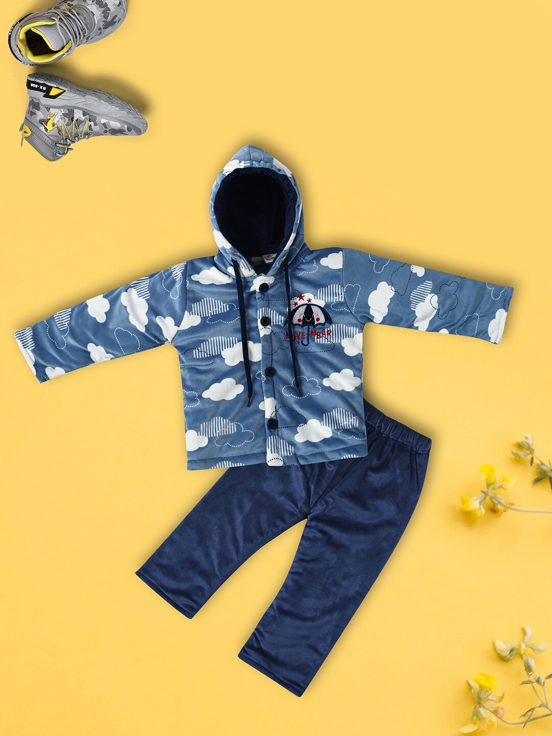 

V-Mart Infant Kids Conversational Printed Hooded Pure Cotton Clothing Set, Blue
